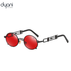 JazzyOval metal frame retro sunglasses with bold red oval lenses and stylish black handles by Dyani, perfect for a unique look.
