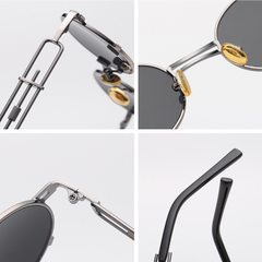 Close-up of JazzyOval metal frame retro shades with smooth oval lenses and uniquely crafted handles, showcasing modern and funky design.