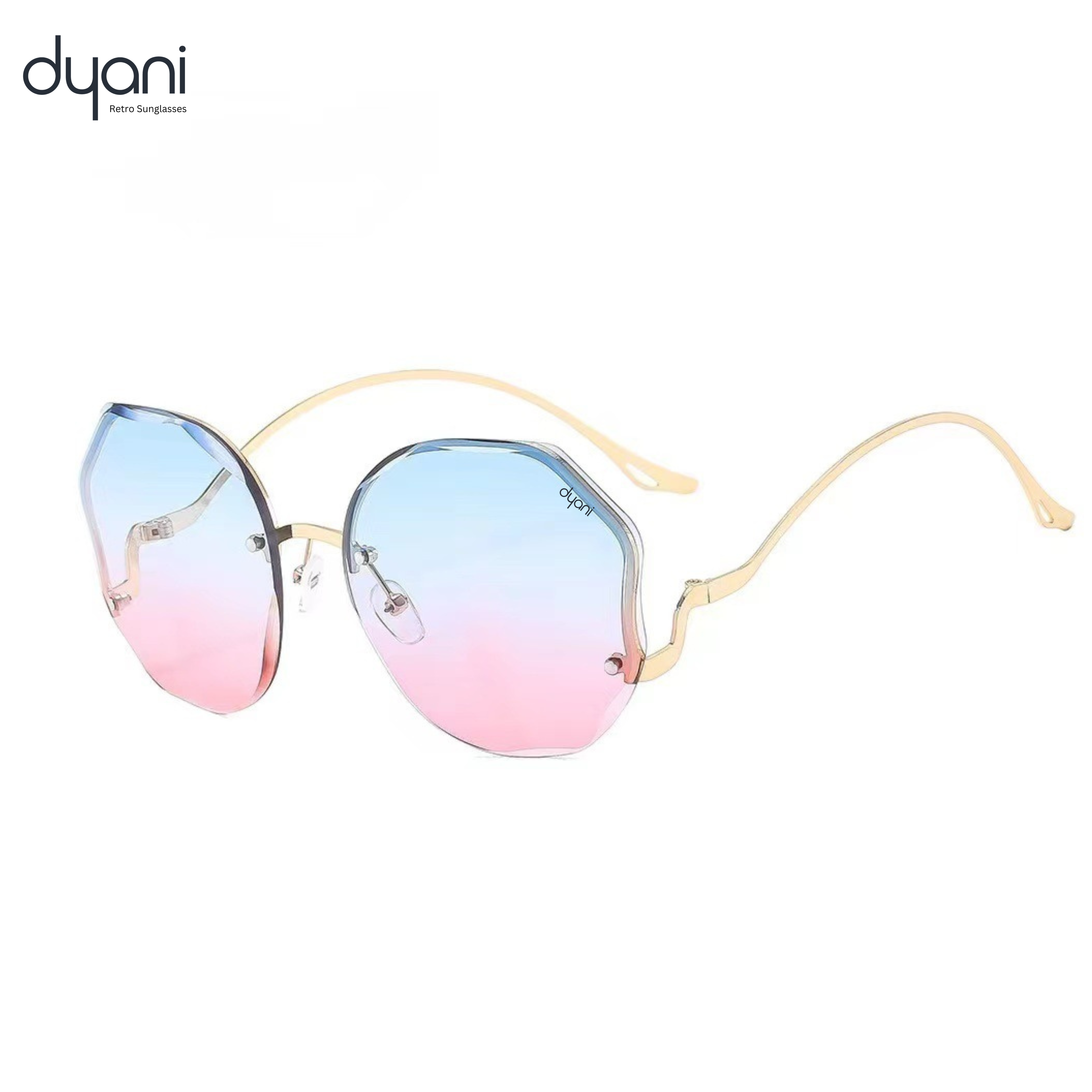 Dyani Disco Butterfly rimless gradient sunglasses with UV protection 400 lenses, oversized polygonal design, vintage 70s style.