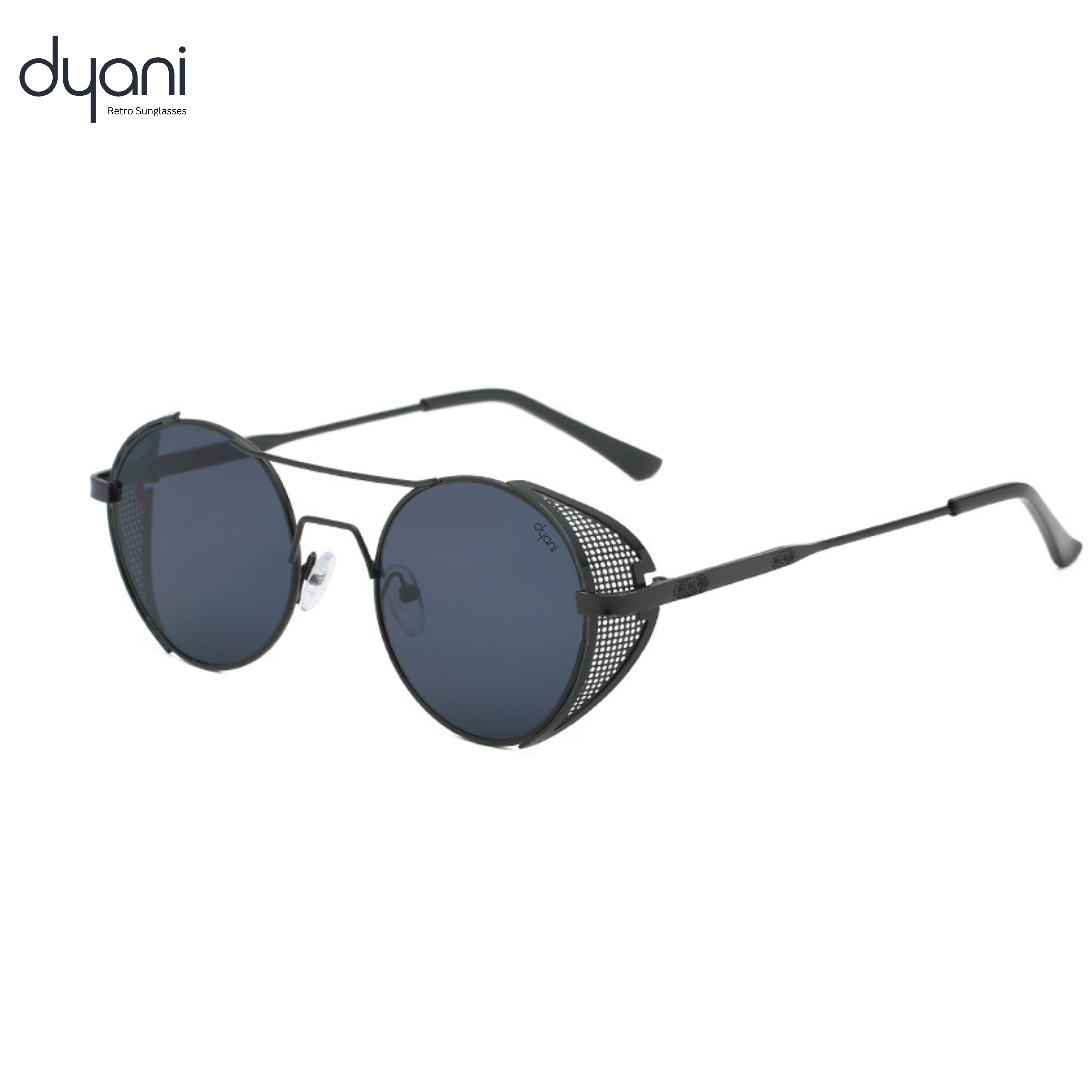 Dyani Dusk Seeker sunglasses with mesh edge metal frame and dark lenses, combining vintage and modern style.