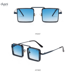 Dyani SquarePunk sunglasses with blue lenses, aluminum magnesium frame, front and side view, offering UV400 protection and steampunk style.