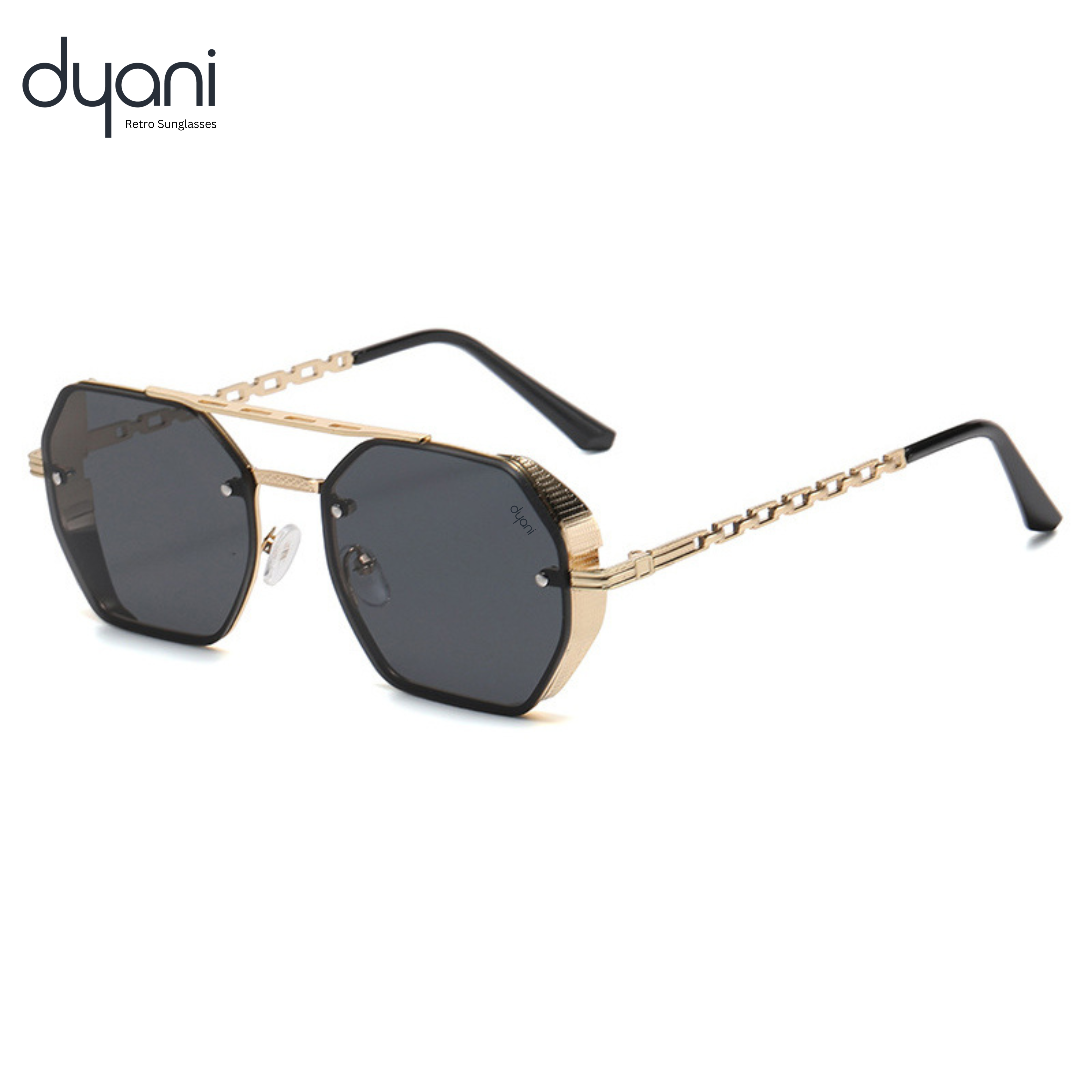 Dyani Sunlink sunglasses with sleek gold frame and UV400 black lenses, offering bold style and premium sun protection.
