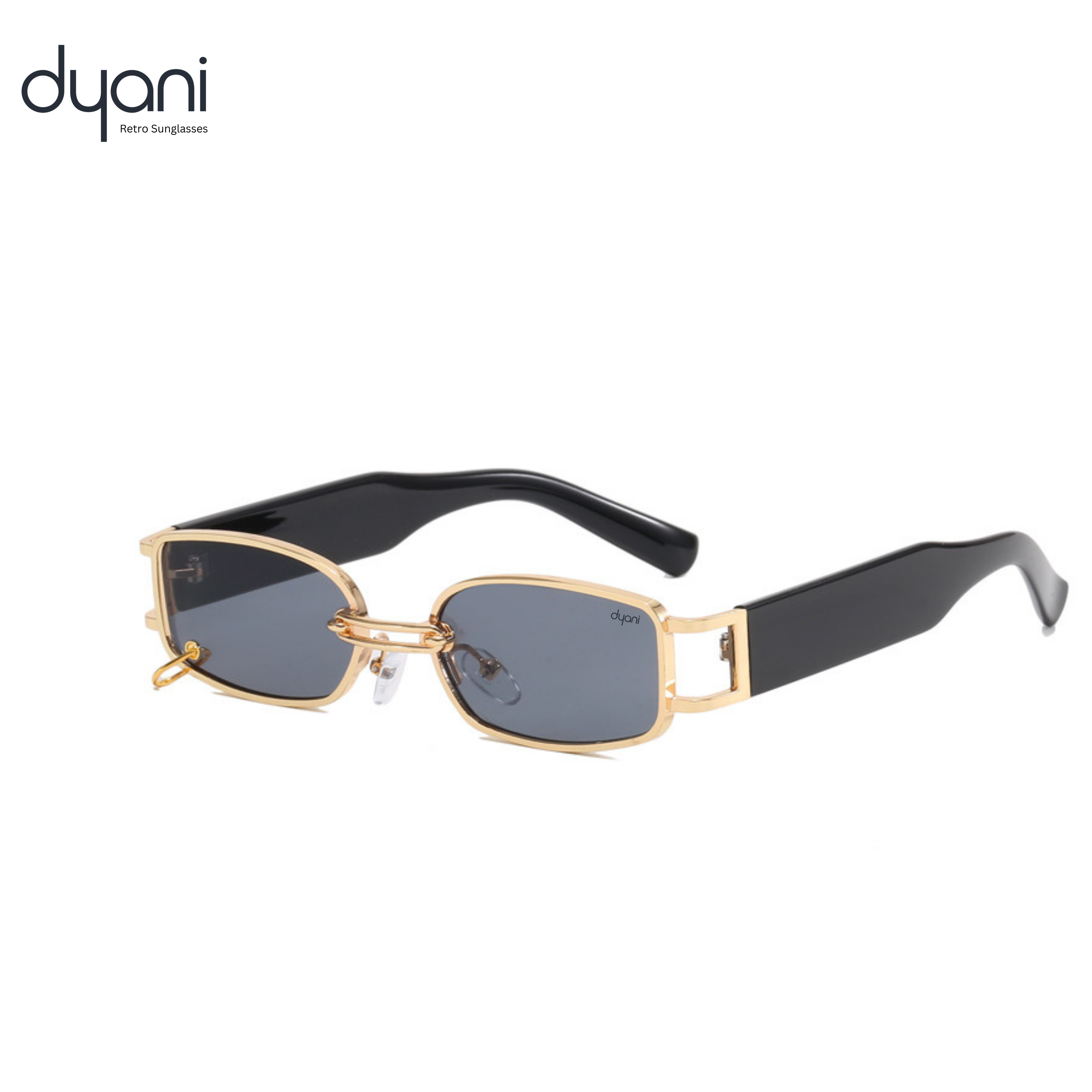 The Rebel sunglasses with gold metal frame, chain-link bridge, dark-tinted rectangular lenses, and wide black arms.