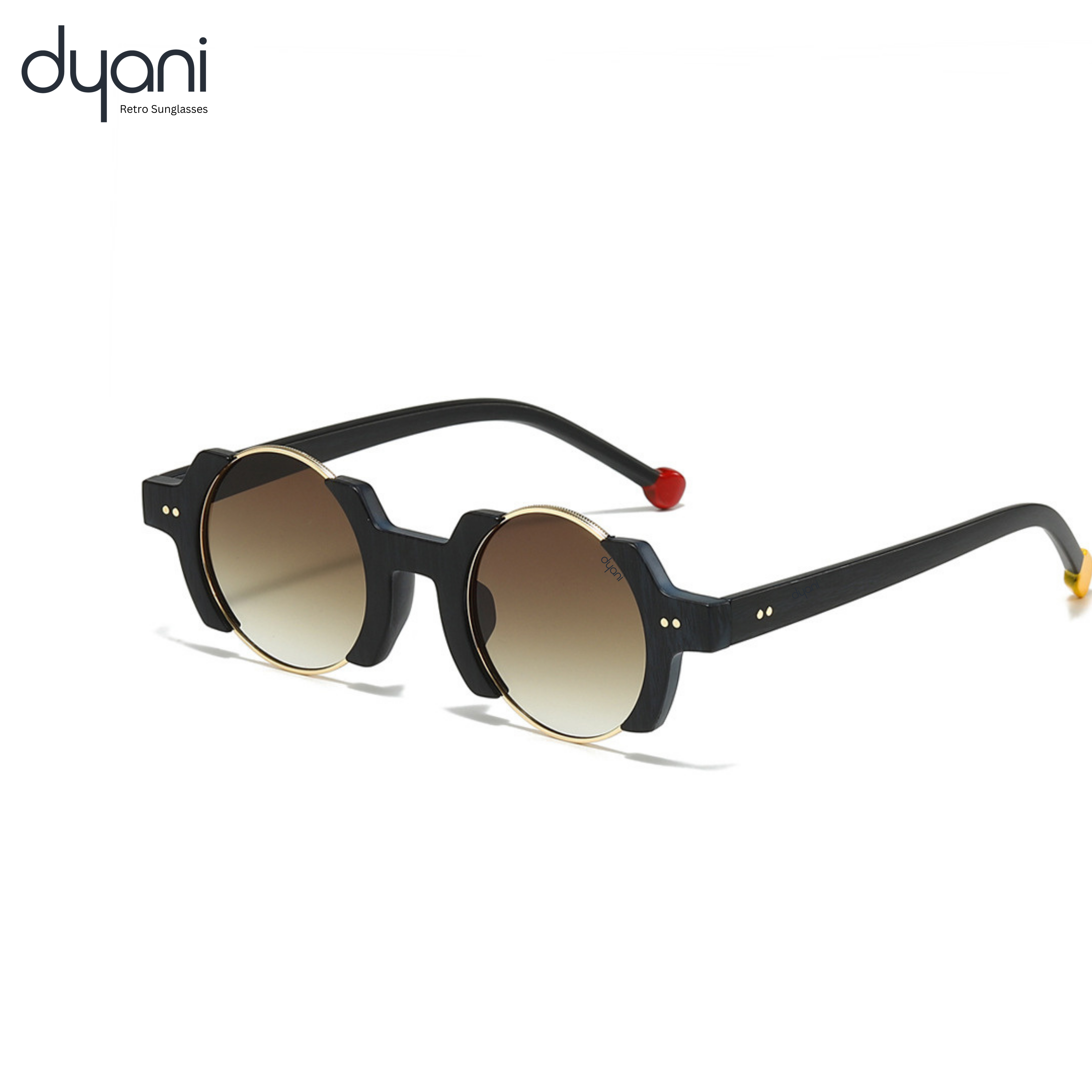 The Orbit sunglasses with round gold gradient lenses, black polycarbonate frame, red and gold temple tips, by Dyani Retro Sunglasses.