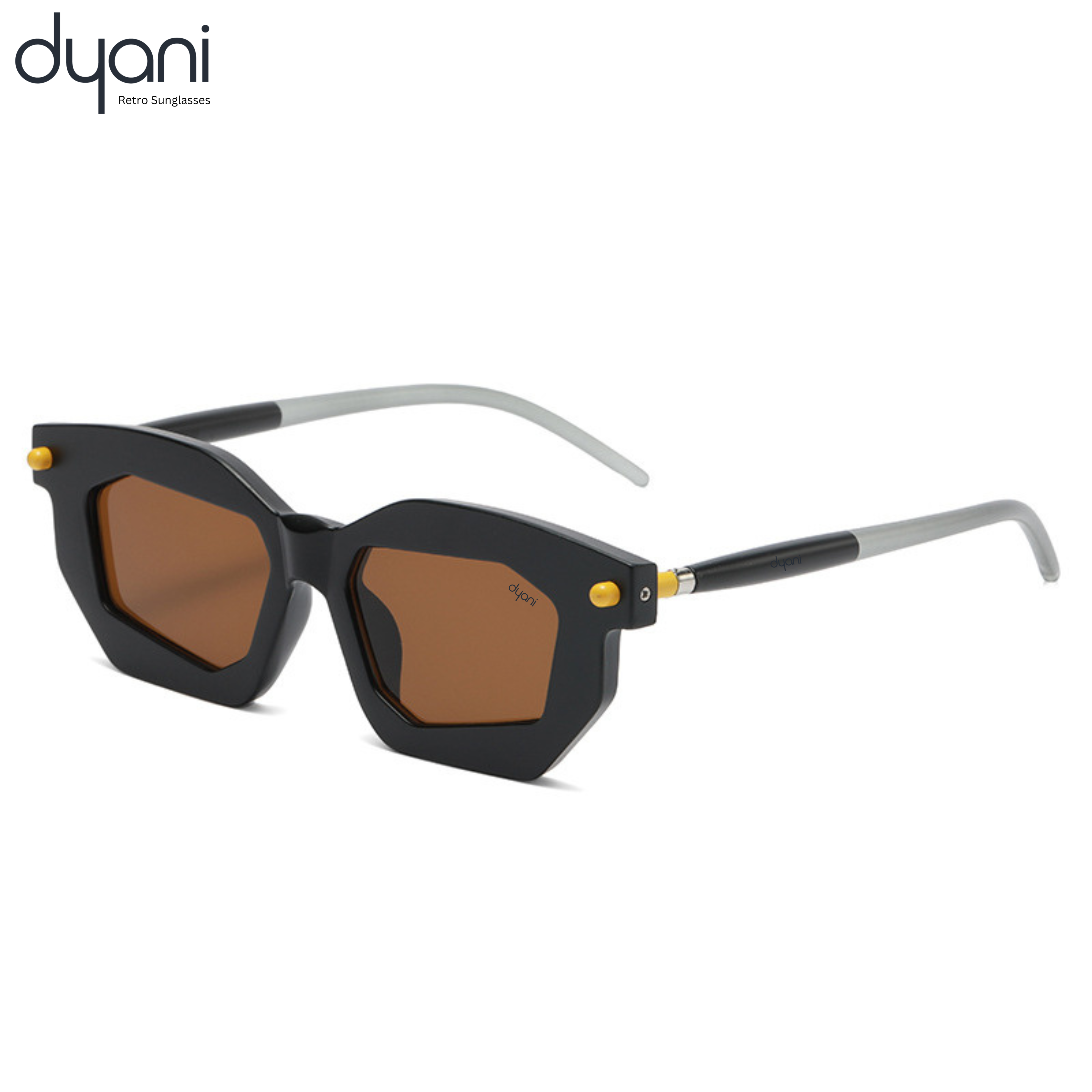 The Solix sunglasses with bold geometric frames and brown lenses, showcasing retro and futuristic style, by Dyani Retro Sunglasses.