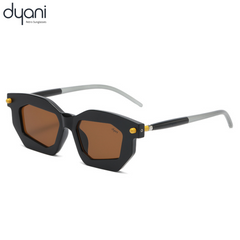 The Solix sunglasses with bold geometric frames and brown lenses, showcasing retro and futuristic style, by Dyani Retro Sunglasses.