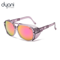 Pink retro sunglasses with pink mirror lenses on a white background, featuring the Dyani brand.