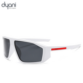Velocity sunglasses with white wraparound shield silhouette and red accents, designed for aerodynamic performance and sleek style.