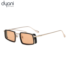 The Zaza sunglasses with minimalist rectangular frame and bold lens colors, featuring standout side accents for a futuristic look.