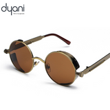 Dyani Eclipse Round Steampunk Sunglasses with durable metal frame, showcasing 70s style fashion for festivals and music events.