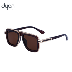 Sunglasses with brown lenses and gold frame on a white background, branded 'dyani'.