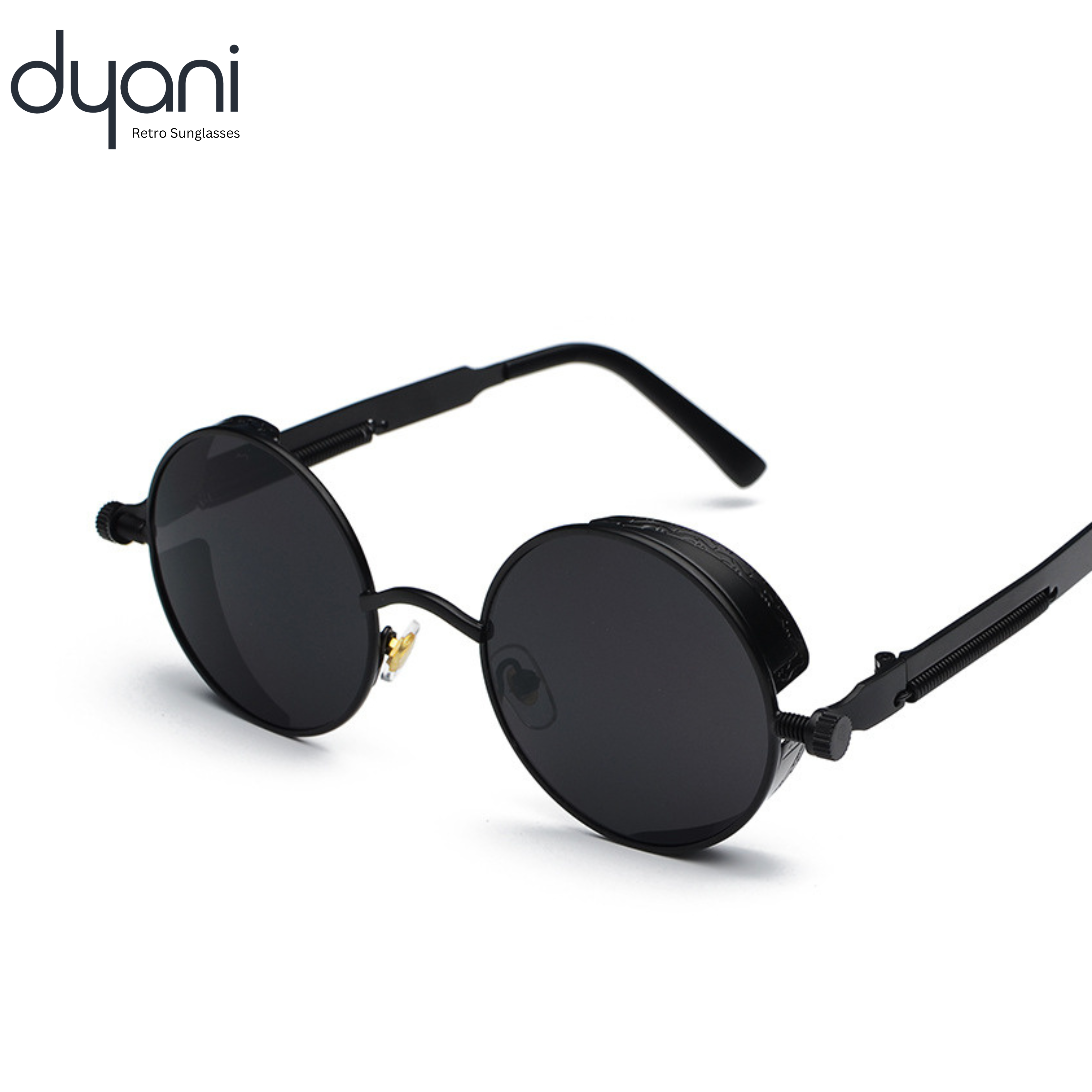 Eclipse round steampunk sunglasses with black metal frame by Dyani, perfect for festival fashion and 70s-style look.