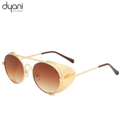 Gold Aviatix sunglasses with round frames and industrial side shields, perfect for festival, desert, or party. Dyani retro style.