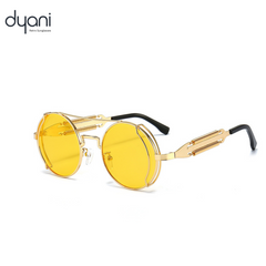 Dyani JLennon round sunglasses with yellow lenses and sleek gold metal frame, offering UV 400 protection for retro-cool style.