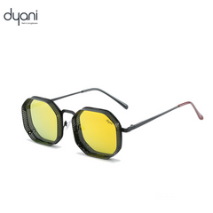 The Hex steampunk sunglasses with metal frame and yellow lenses by Dyani, showcasing unique hollow out details for a stylish look.