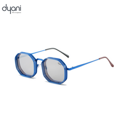 Dyani The Hex blue metal frame sunglasses with steampunk design, perfect blend of style and function, shown against a white background.