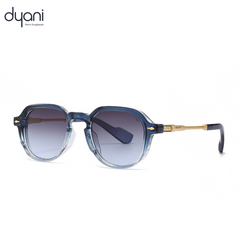 The American Dyani sunglasses with round black frames and gold accents, Italian-inspired elegance, 100% UV protection, polycarbonate build.