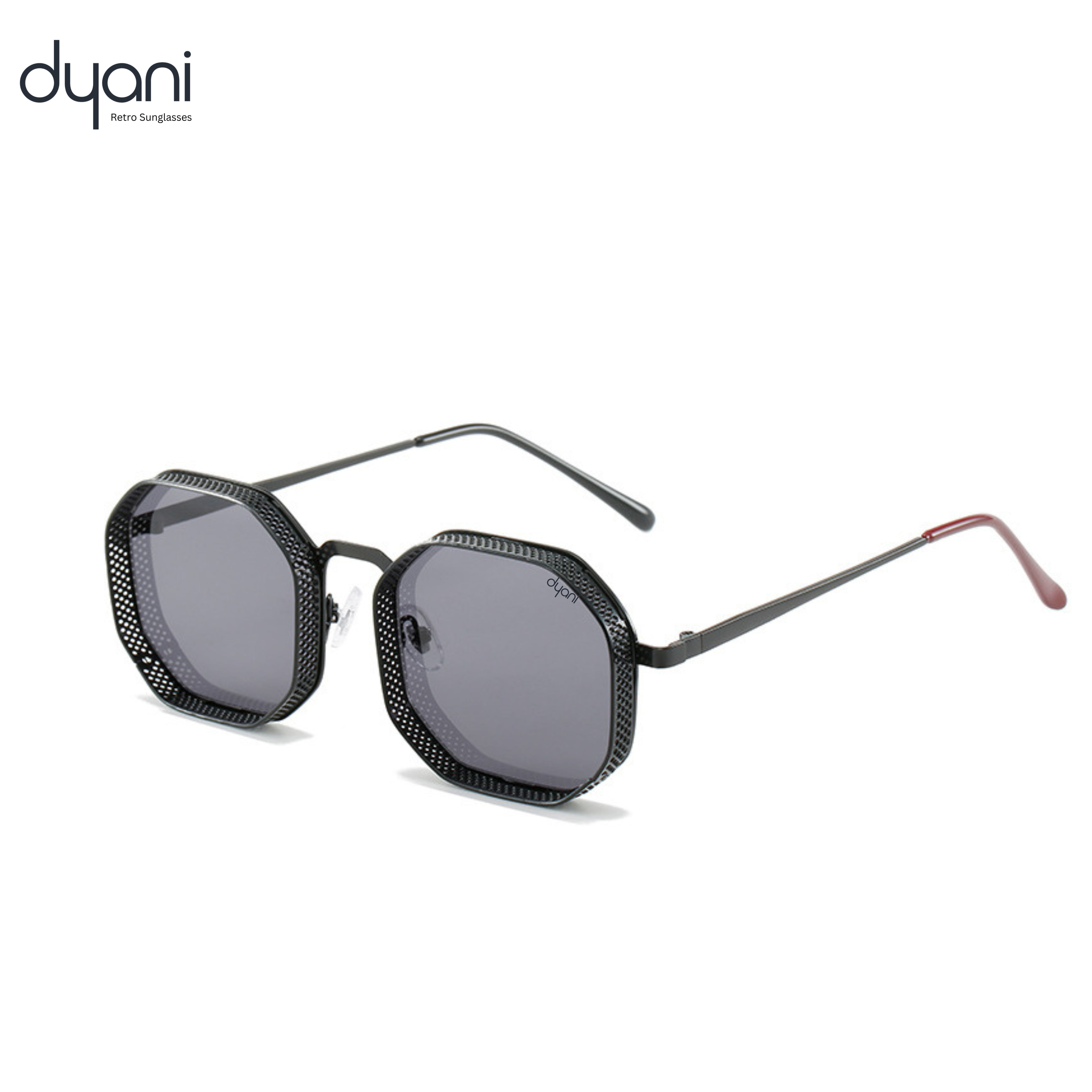 Dyani The Hex sunglasses with metal frame, steampunk design, and hollow out details in black. Stylish eyewear for modern fashion.