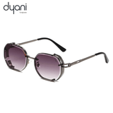 Sculpted geometric sunglasses with gold accents and warm-tone lenses, perfect for confidence and style by Dyani.