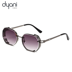 Sculpted geometric sunglasses with gold accents and warm-tone lenses, perfect for confidence and style by Dyani.
