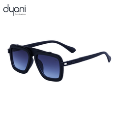 Black sunglasses with blue gradient lenses on a white background, featuring the Dyani brand.