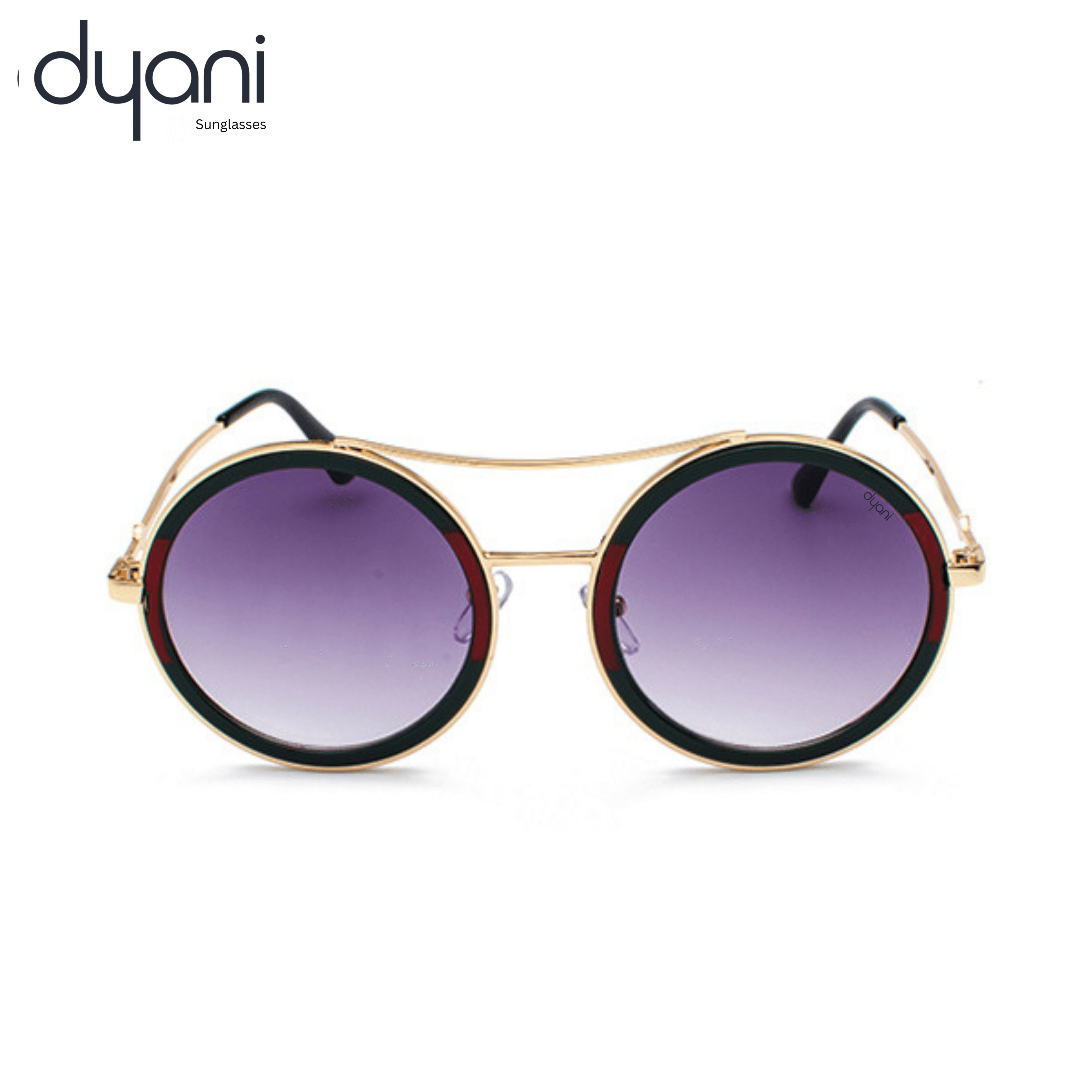 The Altair round-lens sunglasses with metal detailing in gradient purple, showcasing a bohemian and rockstar-inspired style.