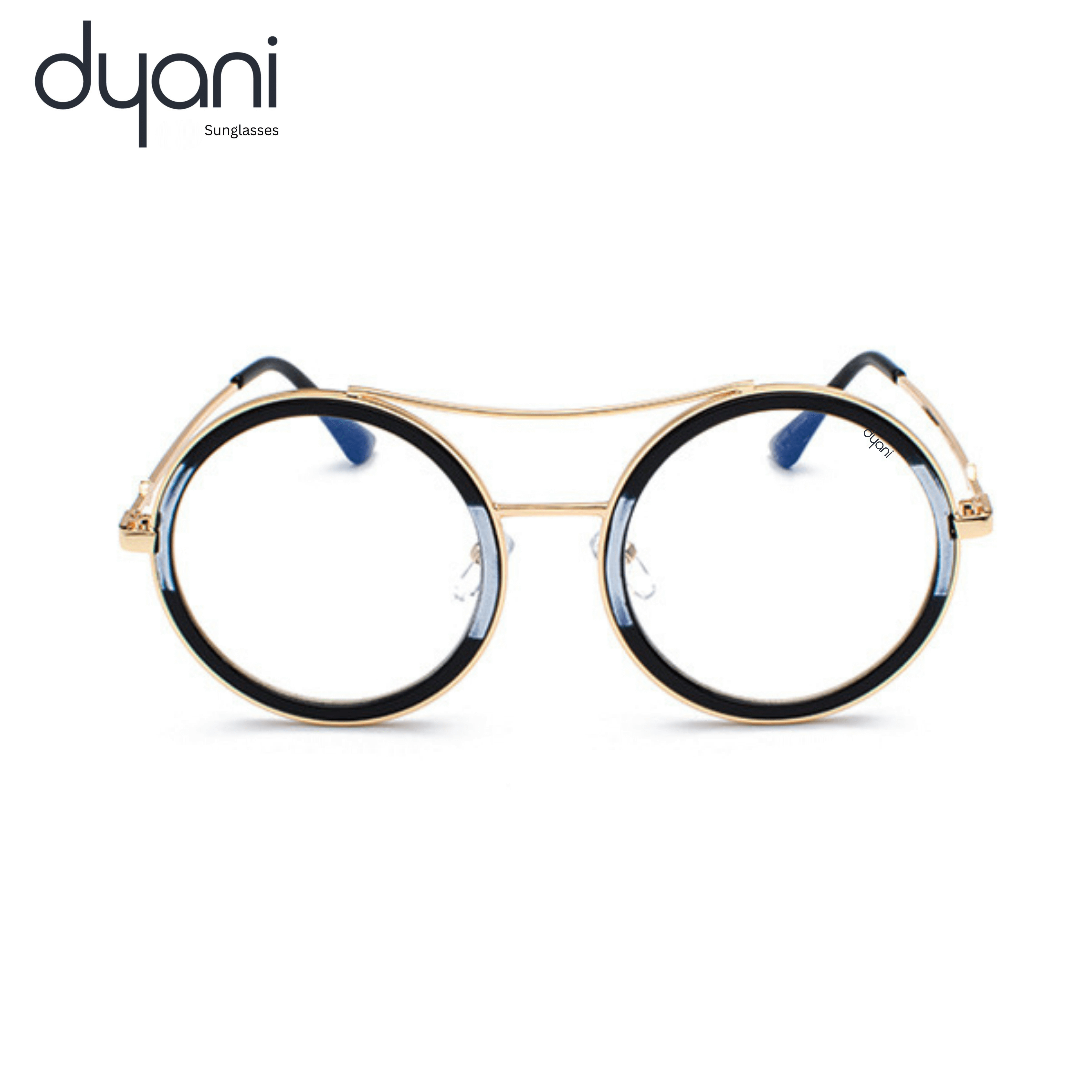 The Altair round-lens sunglasses with gold metal detailing, blending bohemian and rockstar styles by Dyani, perfect for festivals.
