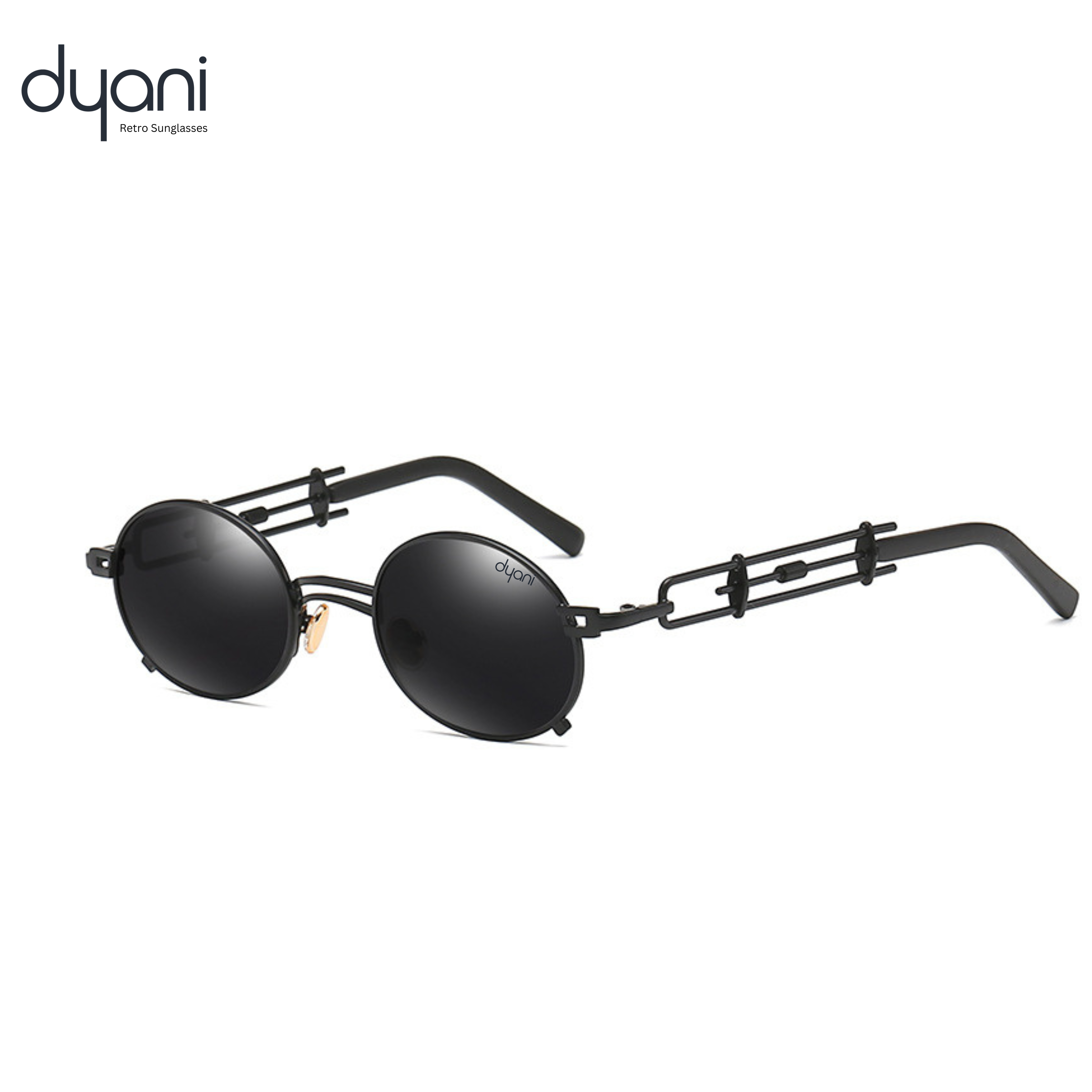 Dyani JazzyOval retro sunglasses with bold black oval lenses and unique metal handles, perfect for a stylish, contemporary look.