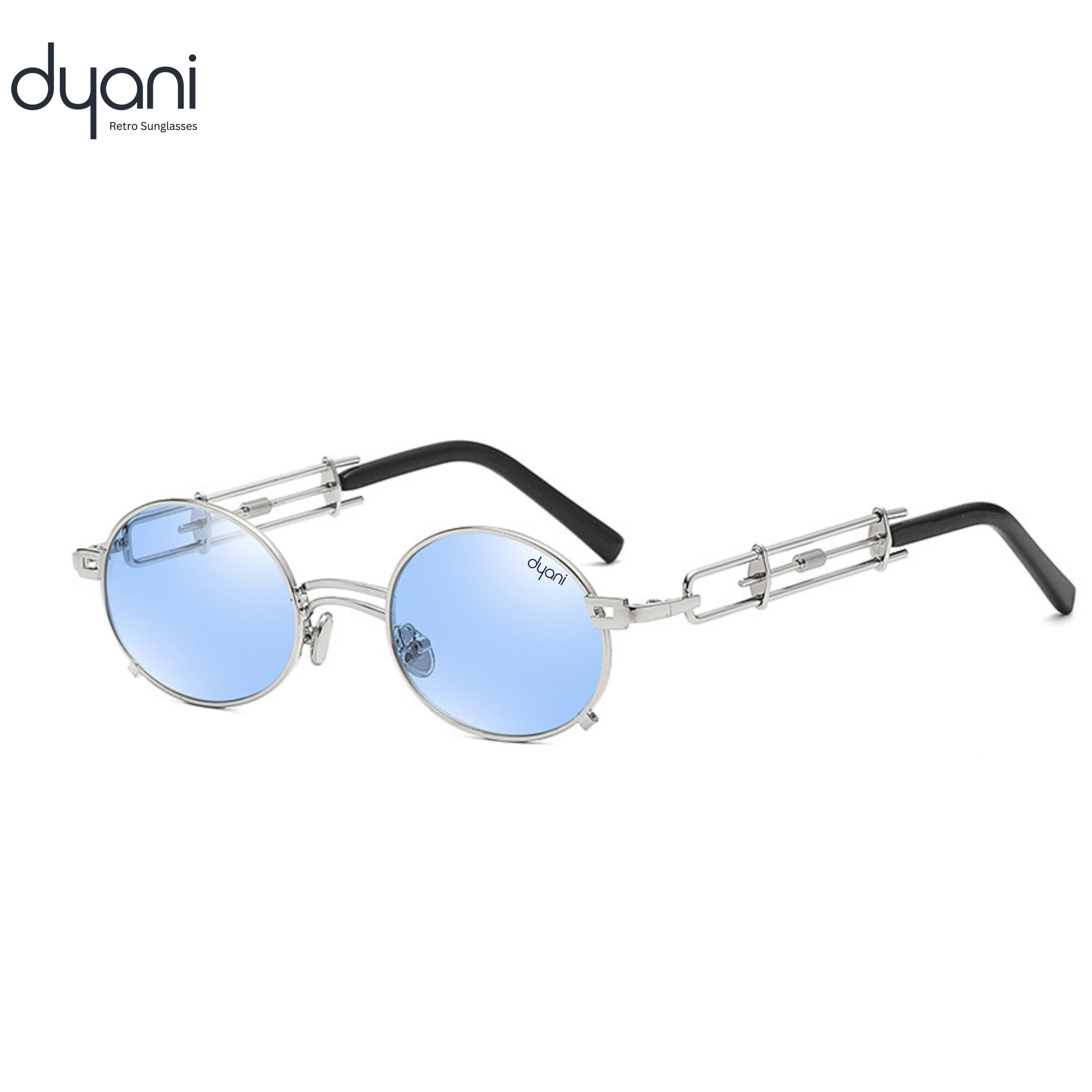 JazzyOval metal frame retro sunglasses with blue oval lenses and unique handles by Dyani, showcasing modern flair and funky charm.