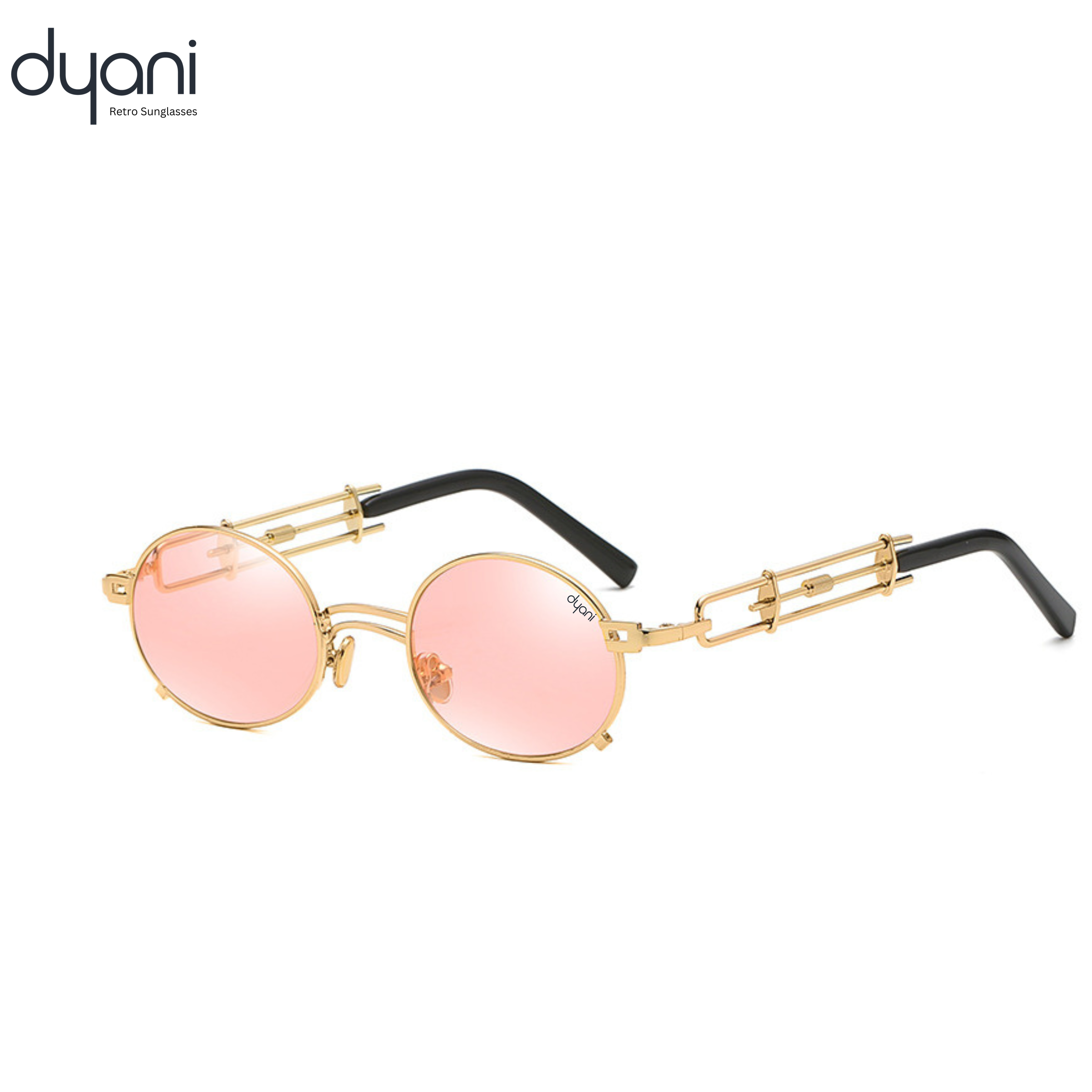 JazzyOval retro sunglasses with pink oval lenses and unique metal frame by Dyani, perfect for a bold and playful look.