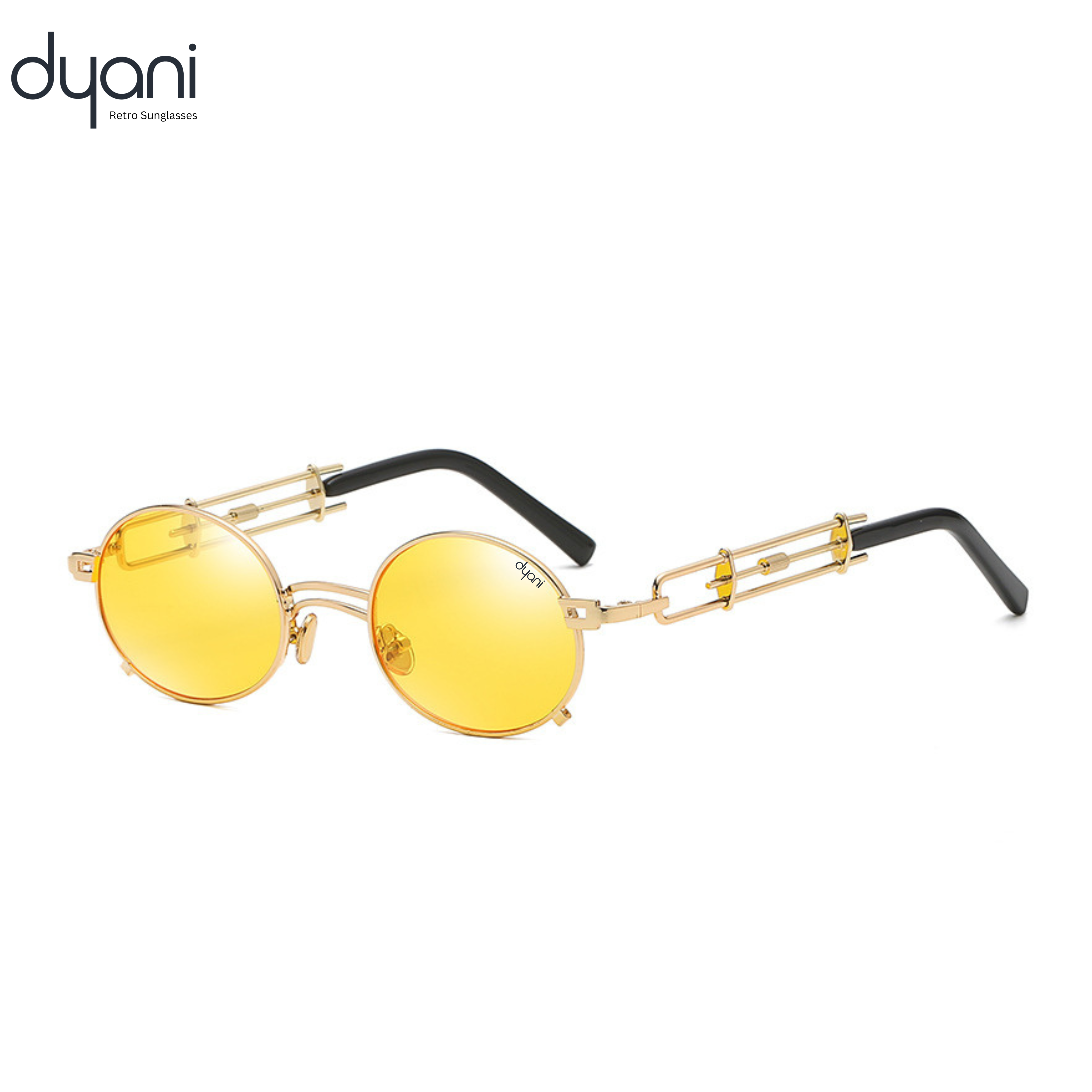 JazzyOval Dyani sunglasses with bold yellow lenses and unique metal frames, combining retro flair with modern style, perfect for individuality.