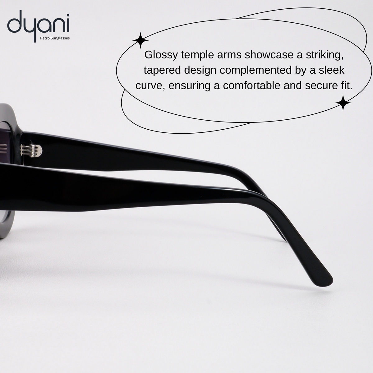 Side view of Velora sunglasses by Dyani, featuring sleek, glossy temple arms with a striking tapered design.