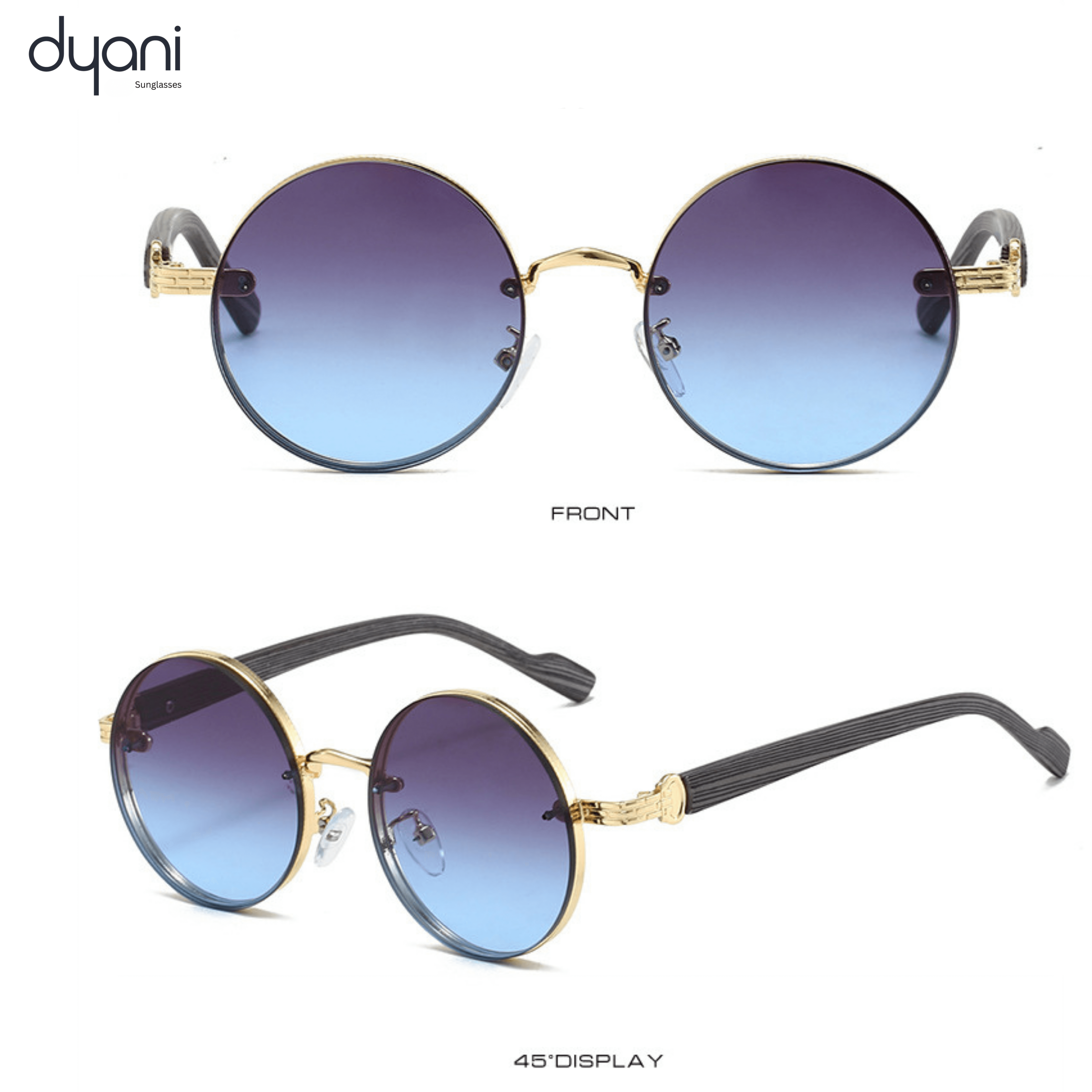 Alt Tag: The Orbis cool round sunglasses with blue gradient lenses and ornate temples, perfect for festivals and artistic style.