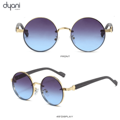Alt Tag: The Orbis cool round sunglasses with blue gradient lenses and ornate temples, perfect for festivals and artistic style.