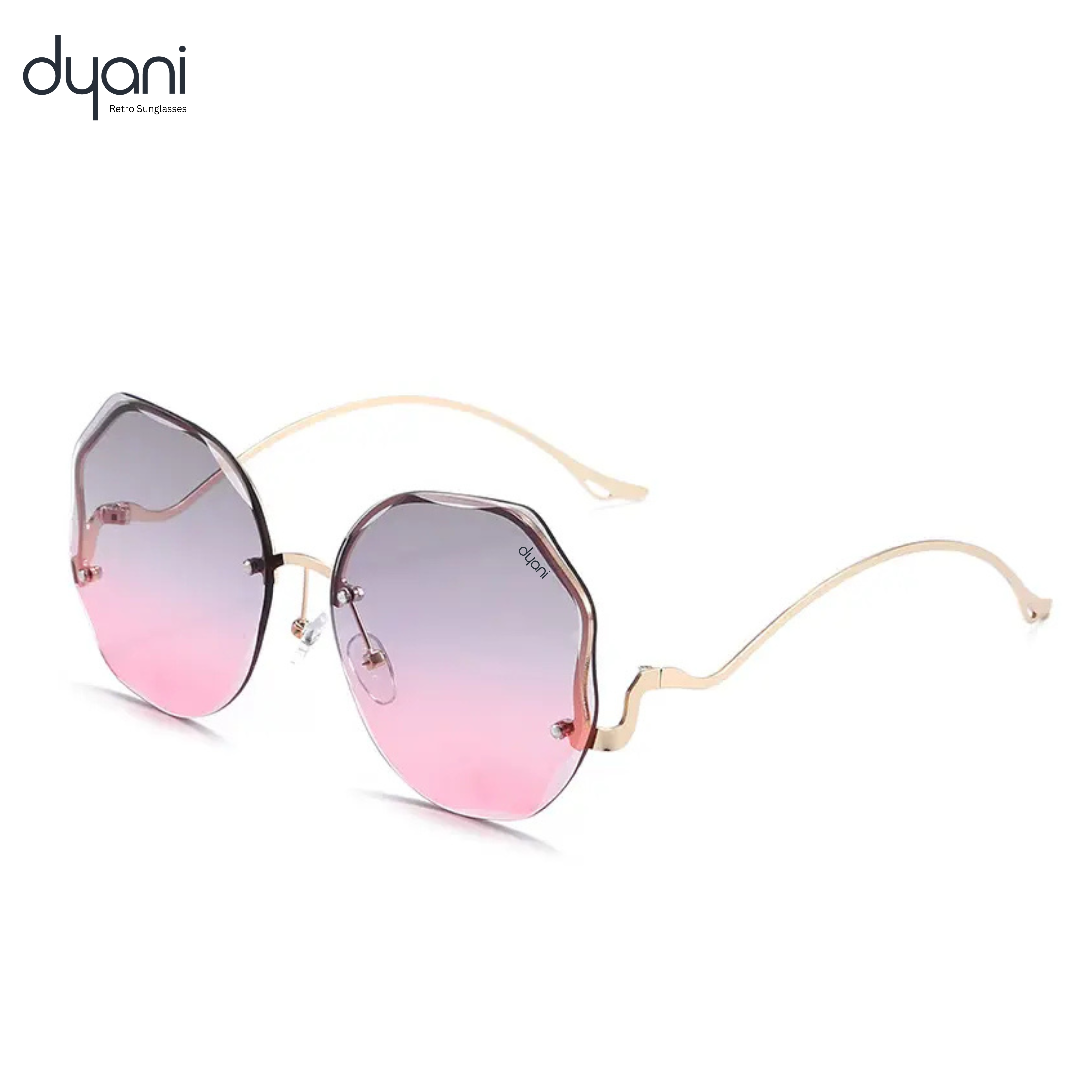 Dyani Disco Butterfly rimless gradient shades with UV protection 400, vintage 70s-style oversized polygonal sunglasses.