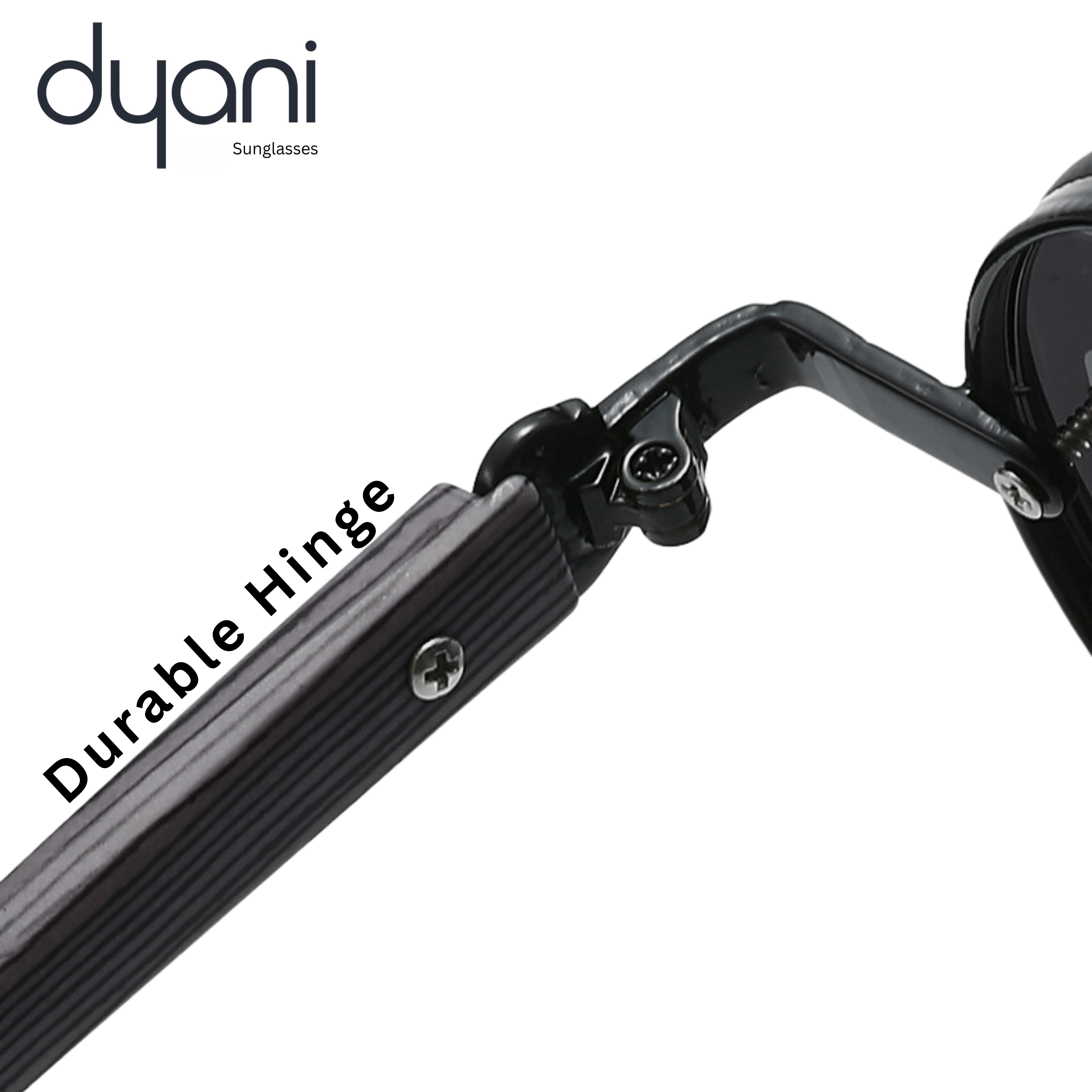 Close-up of Dyani sunglasses frame highlighting durable hinge design for added strength and flexibility.