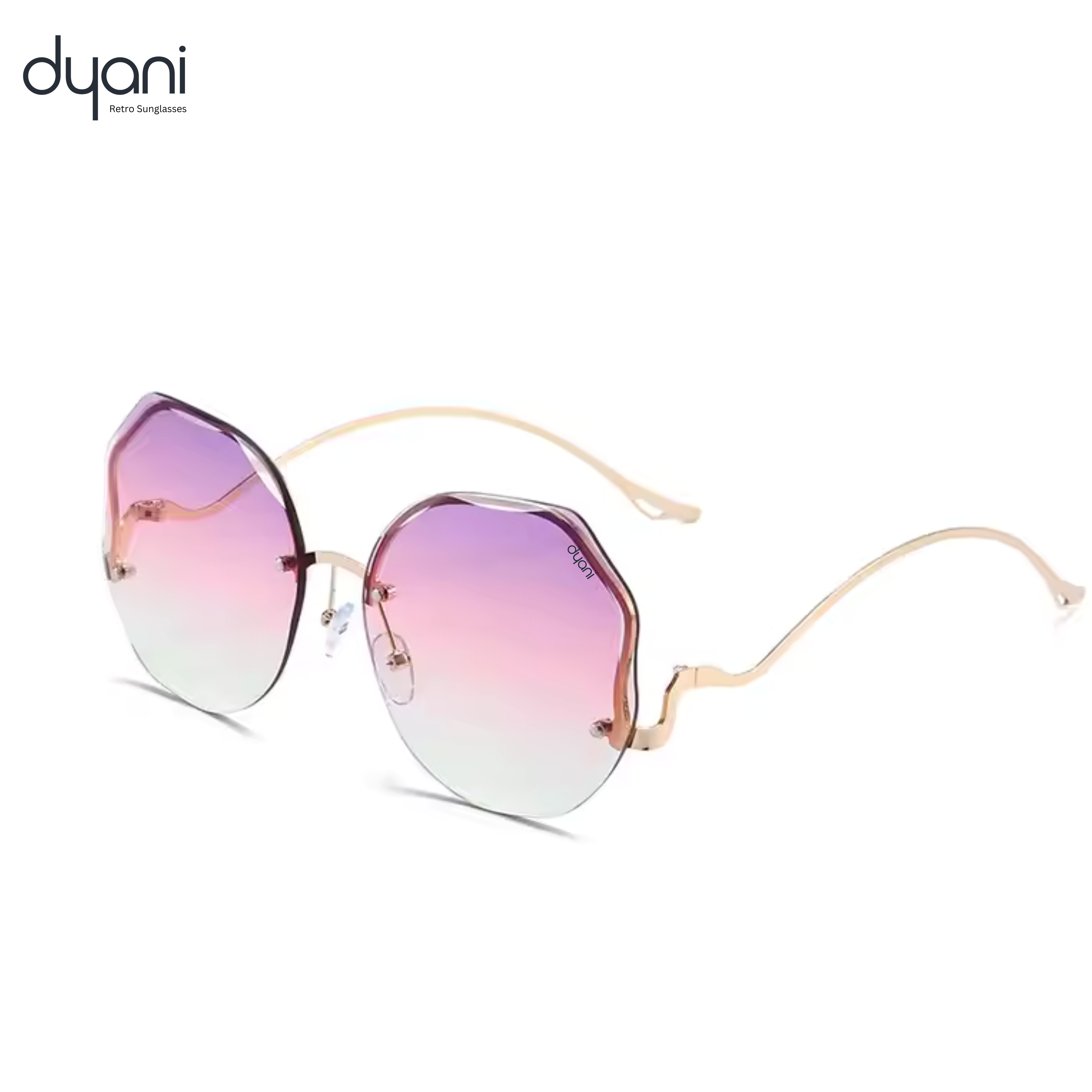 Dyani Disco Butterfly rimless gradient sunglasses with UV protection, polygonal 70s style, lightweight design in purple and pink hues.