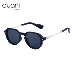 Black sunglasses with round lenses and gold temples, featuring logo 'dyani' in the top corner.