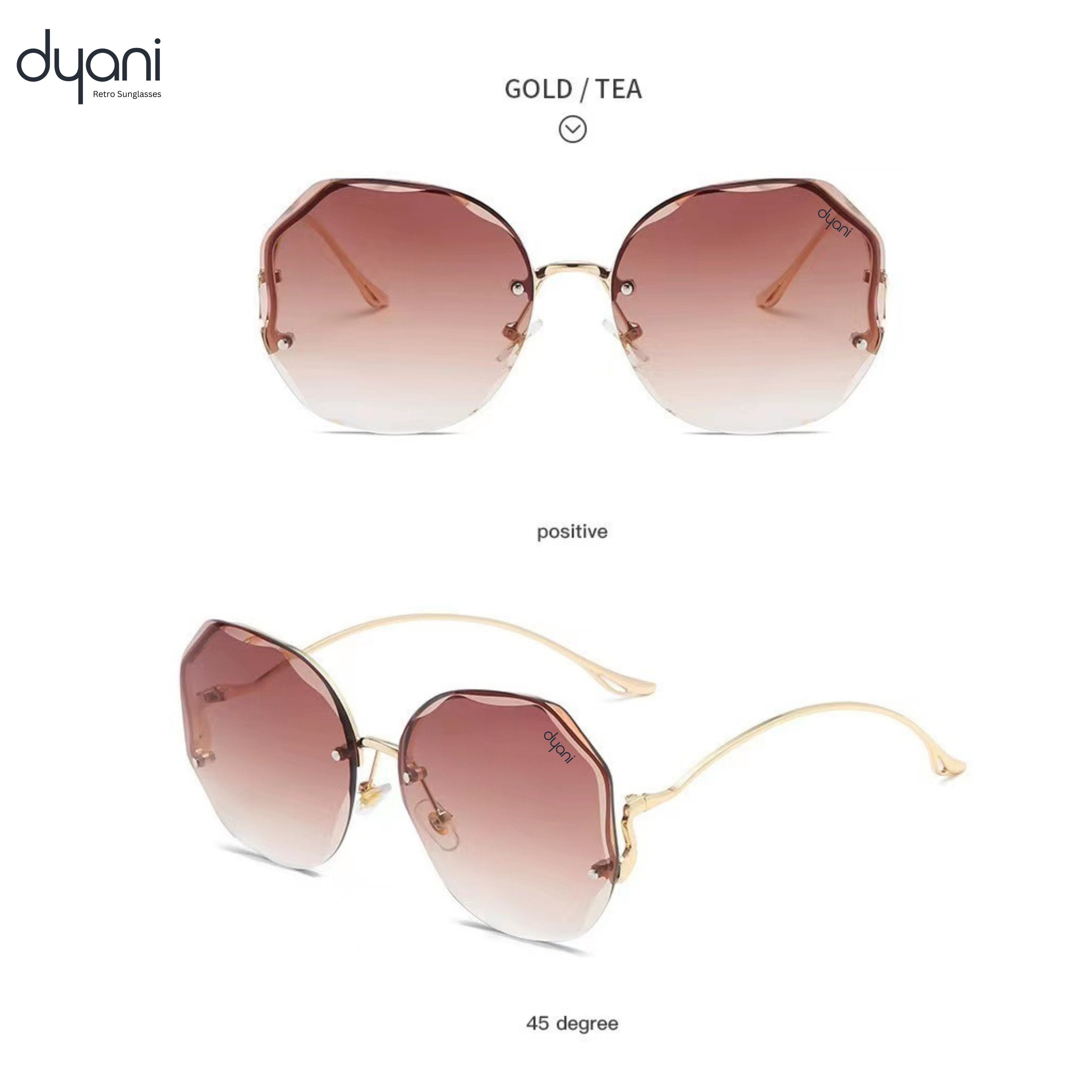 Dyani Disco Butterfly rimless gradient sunglasses, featuring gold tea polygonal design, UV protection, 70s vintage style.