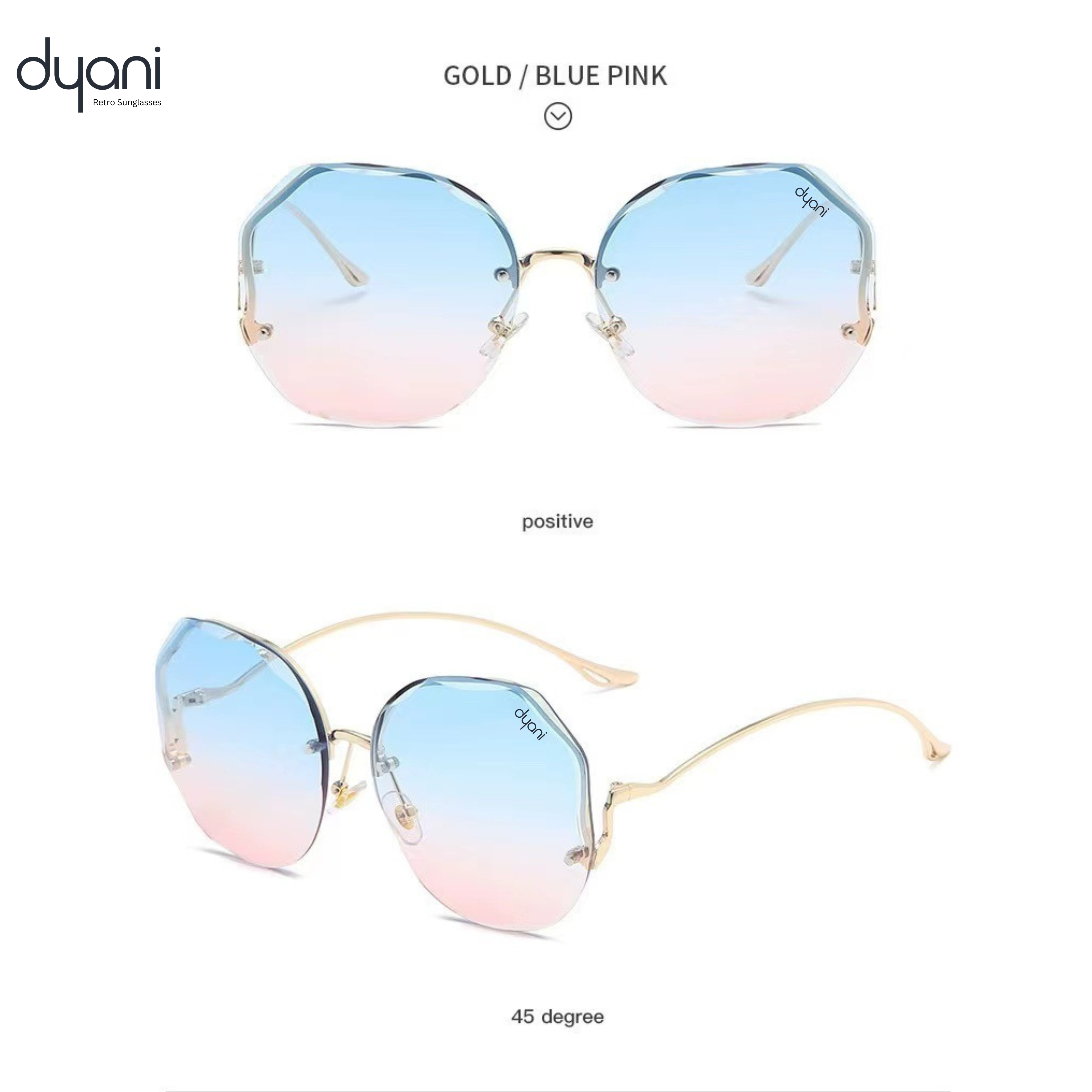 Dyani Disco Butterfly Rimless Gradient Sunglasses, featuring UV400 lenses, vintage 70s-style design with durable acetate and metal frame.