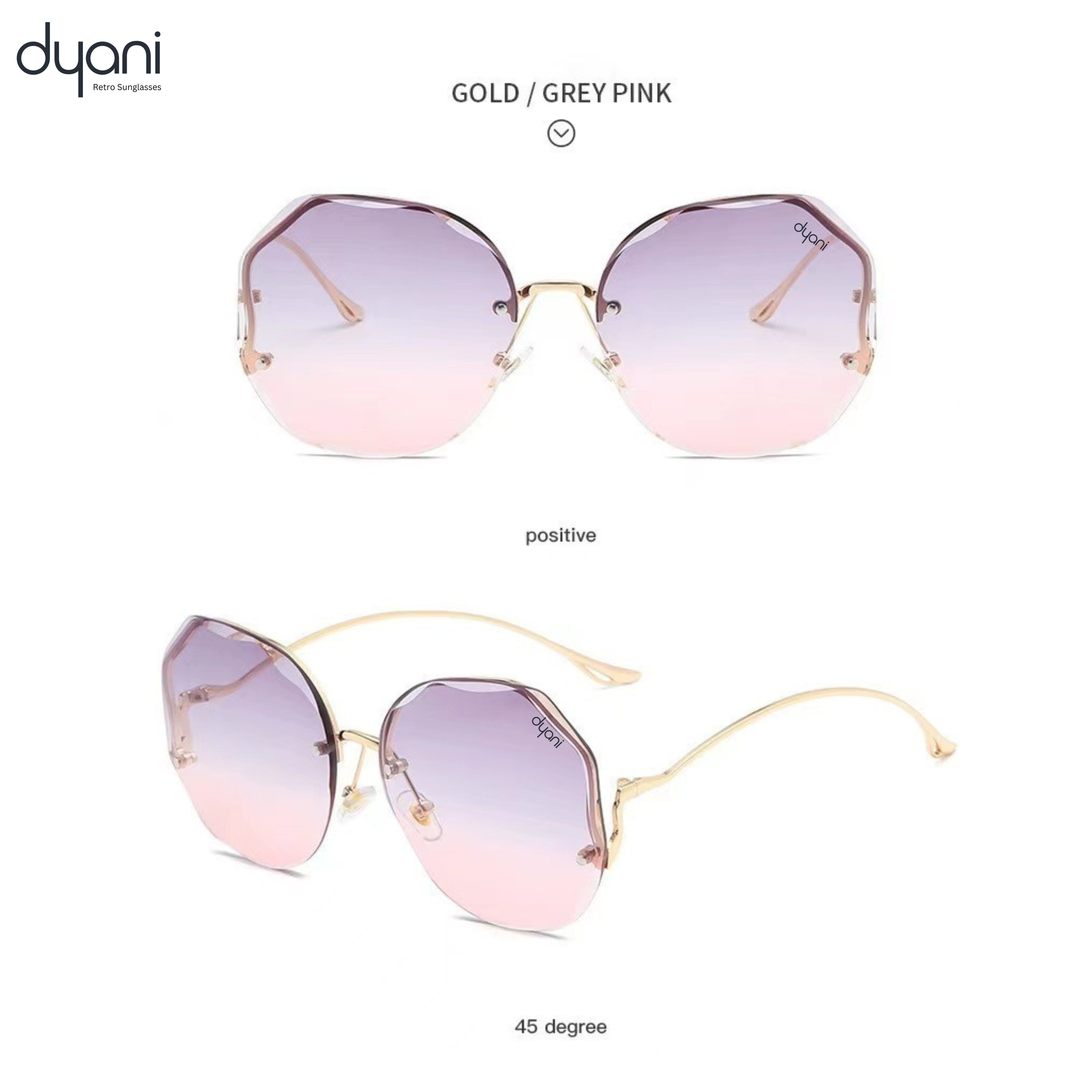 Dyani Disco Butterfly Rimless Gradient Shades, UV400, oversized polygonal vintage style, gold/grey pink, lightweight quality materials.