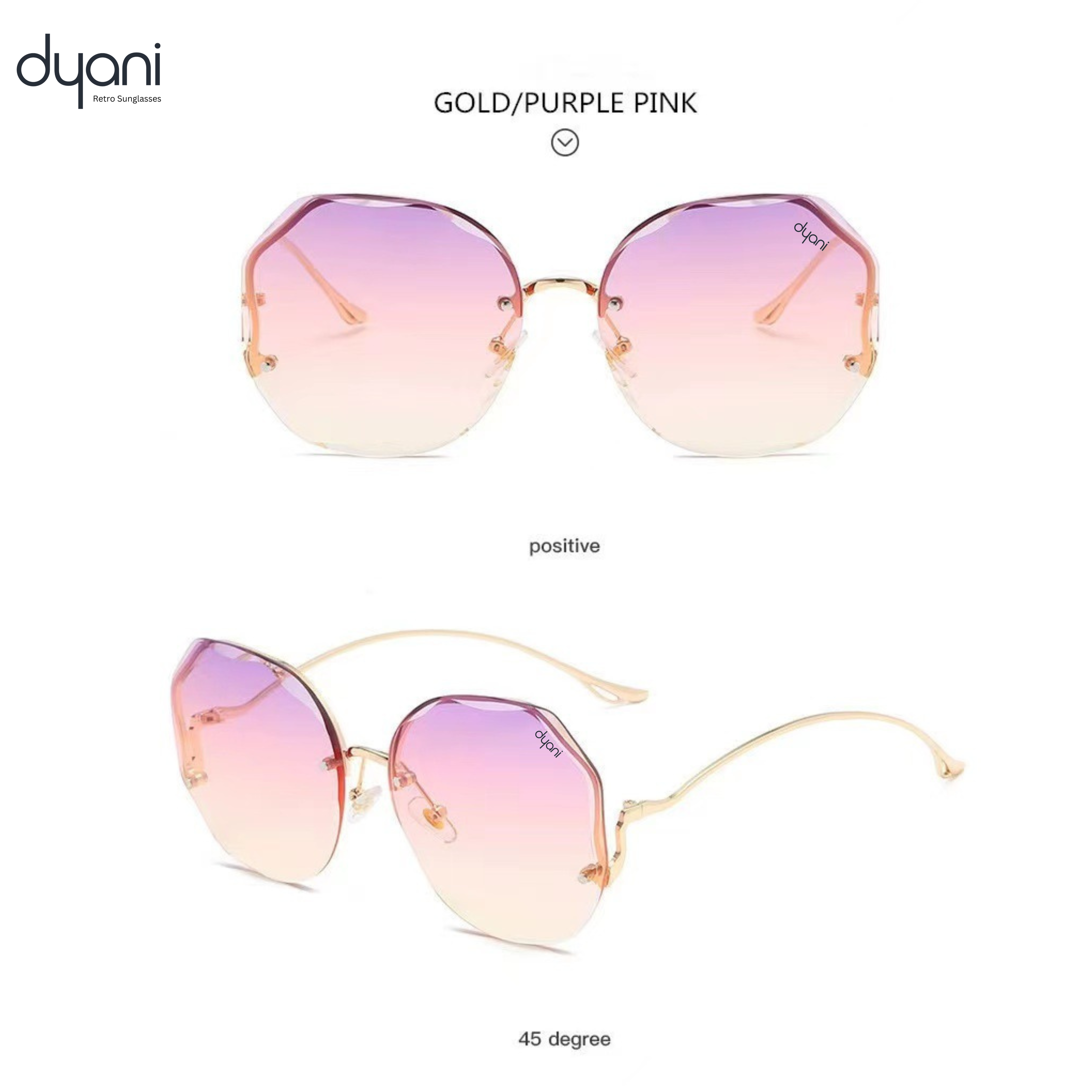Dyani Disco Butterfly rimless gradient shades with UV400 protection, polygonal design, gold/purple pink lenses seen from front and side angles.