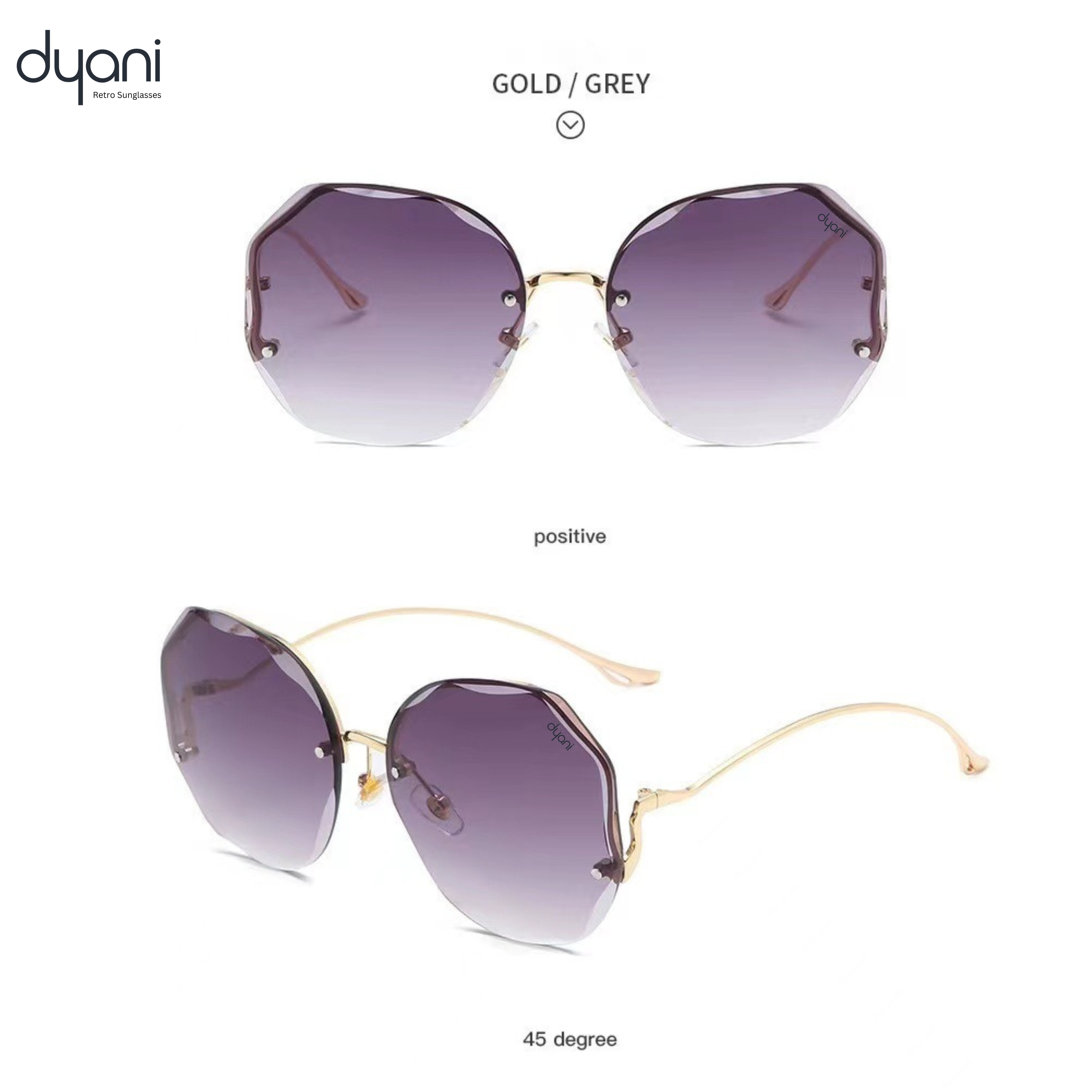 Dyani Disco Butterfly rimless sunglasses with UV protection, oversized gradient lenses in gold/grey, vintage 70s style.