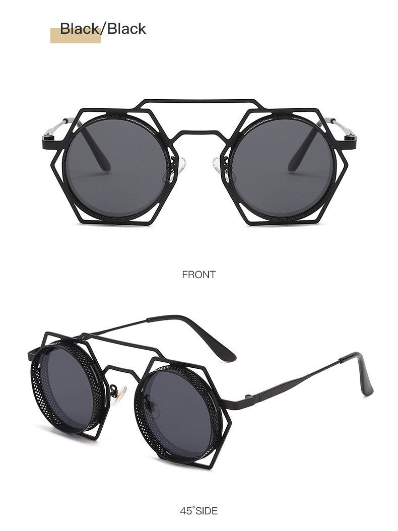 Dyani RoundSix hexagonal sunglasses with durable acetate and metal frame, featuring black lenses and unique geometric design.