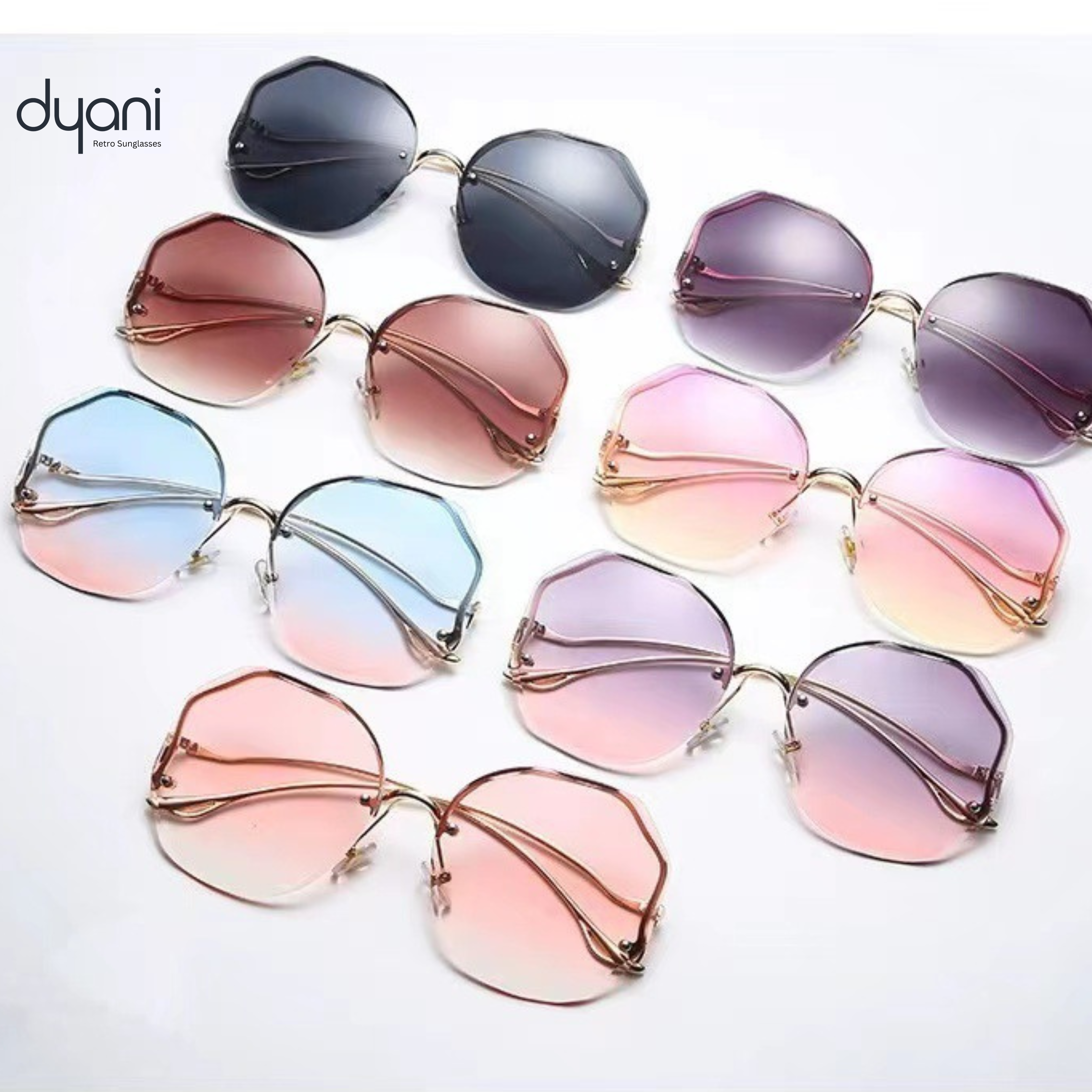 Dyani Disco Butterfly rimless gradient sunglasses in assorted colors with UV400 protection, vintage 70s oversized design.