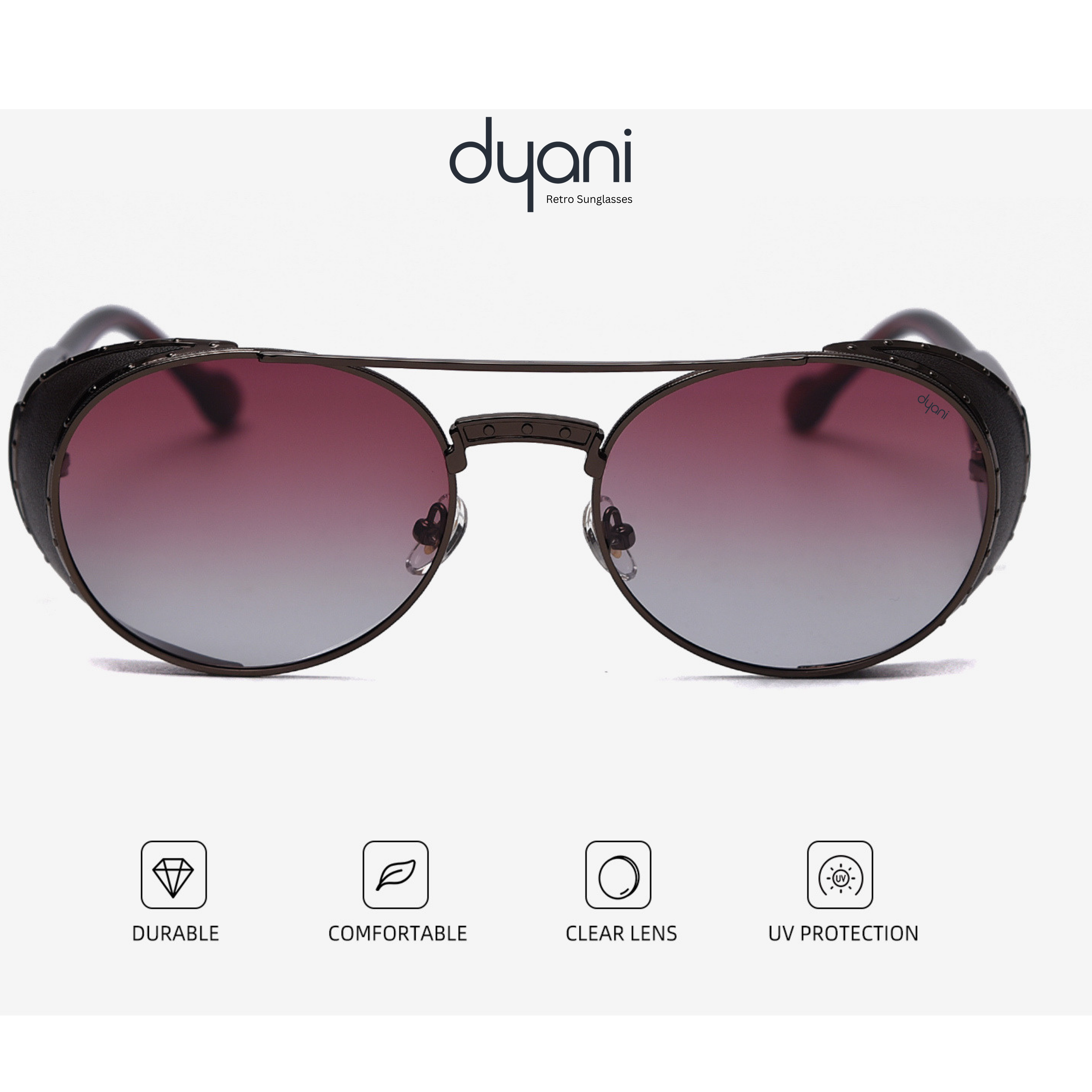 The NightRider sunglasses with red gradient lenses and side shields by Dyani offering UV protection and durability.