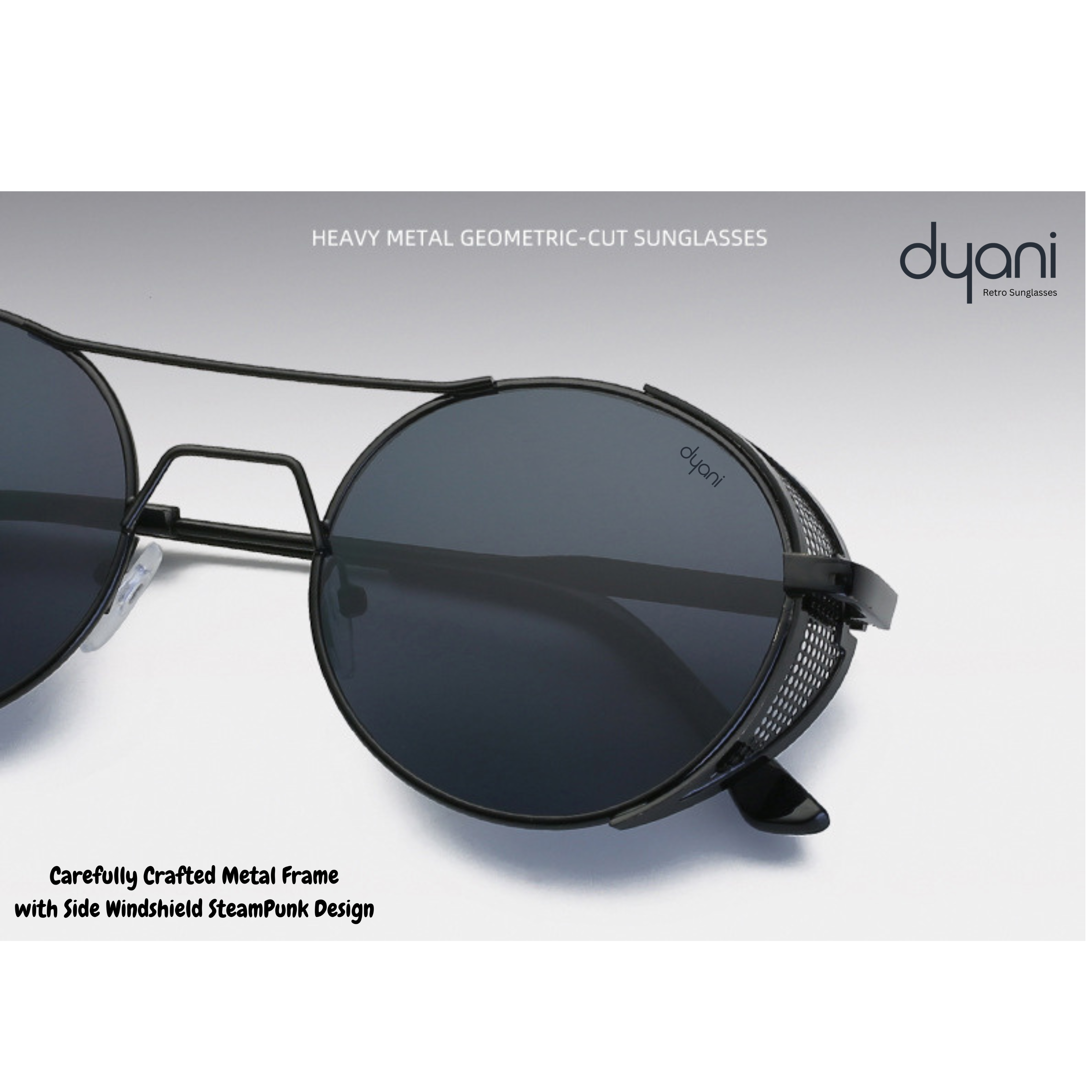 Dyani Dusk Seeker sunglasses with black lenses, metal mesh edge, aviator design, ideal for motorcycling and festivals, UV 400 protection.