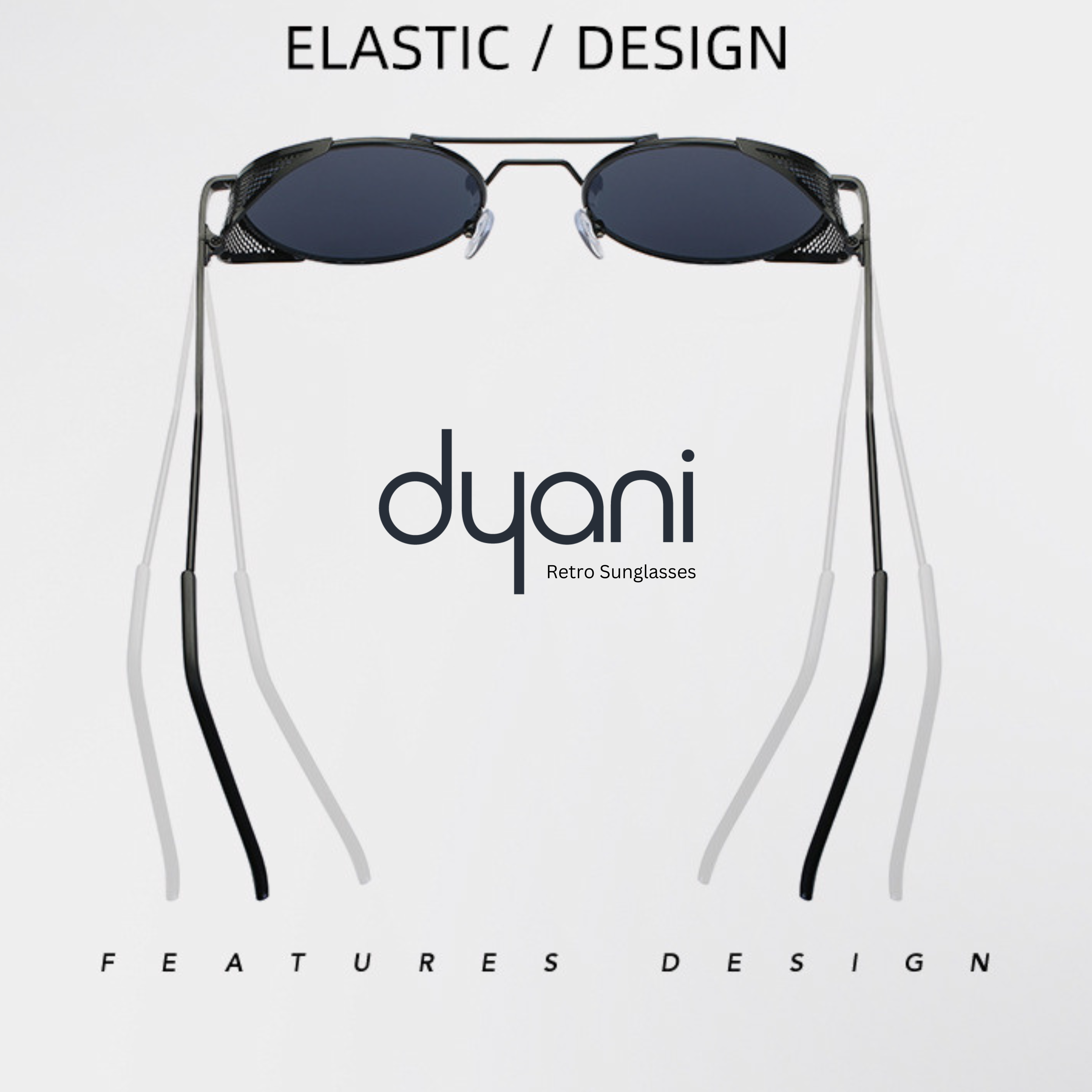 Dyani Dusk Seeker sunglasses with mesh edge metal frame, UV 400 black lenses, and white temples, ideal for vintage and modern styles.