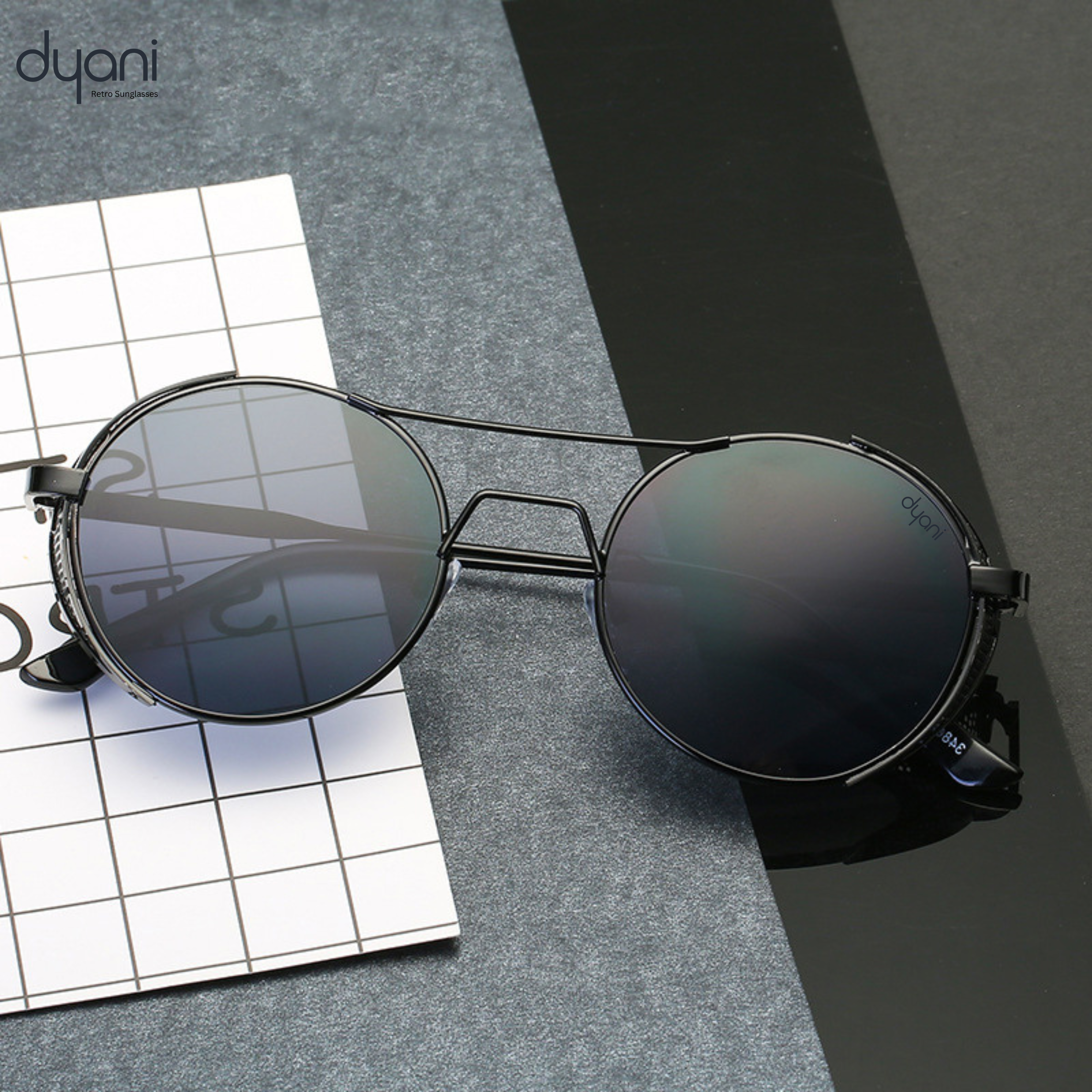 Dyani Dusk Seeker sunglasses with black lenses, mesh edge metal frame, and white temples. Ideal for festivals and motorcycle rides.