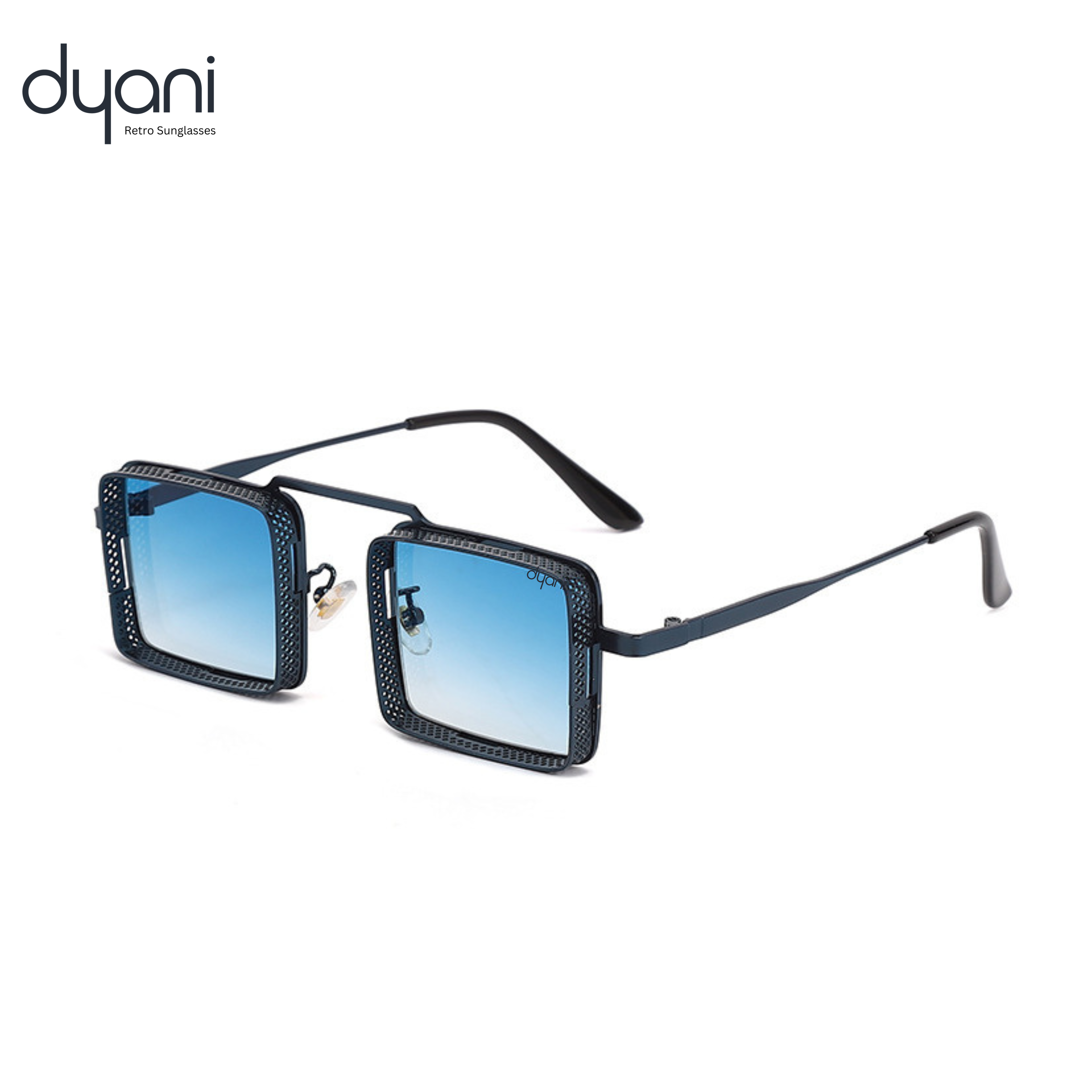 SquarePunk sunglasses with blue lenses and black aluminum frame, offering a vintage steampunk style and UV400 protection.